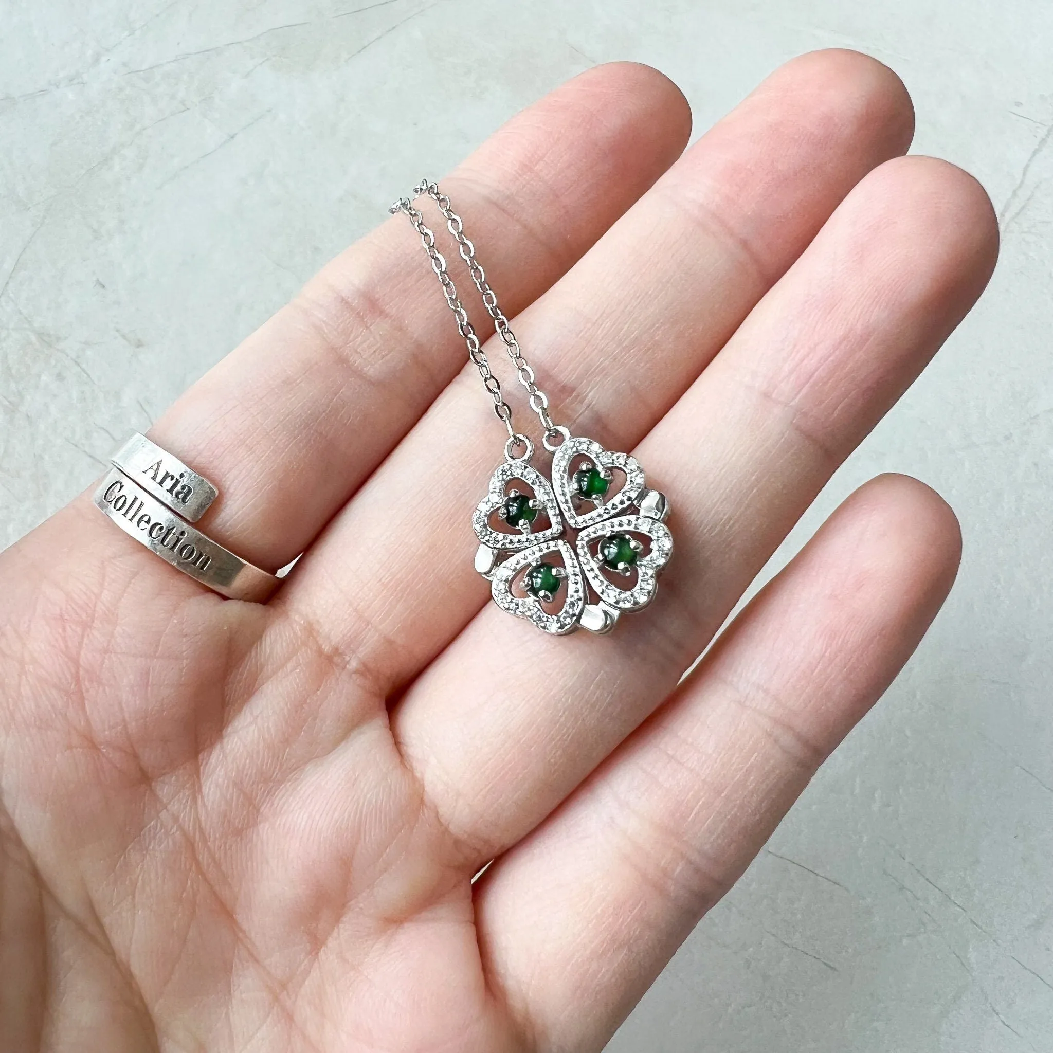 Green Four Leaf Clover Transform Jadeite Jade Sterling Silver Pendant, YZ-0422-0062801