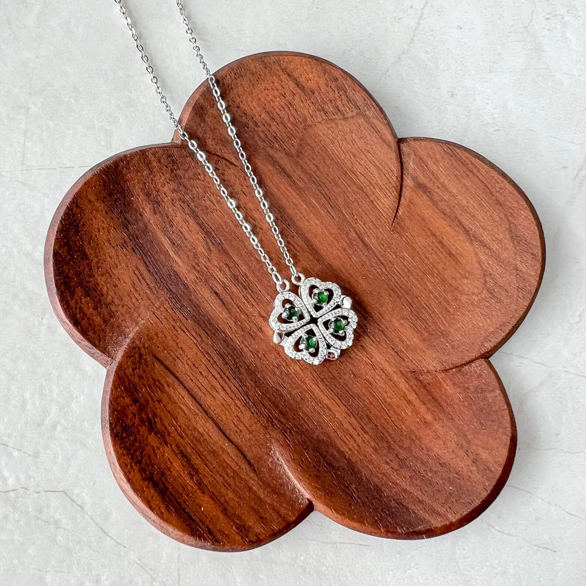 Green Four Leaf Clover Transform Jadeite Jade Sterling Silver Pendant, YZ-0422-0062801