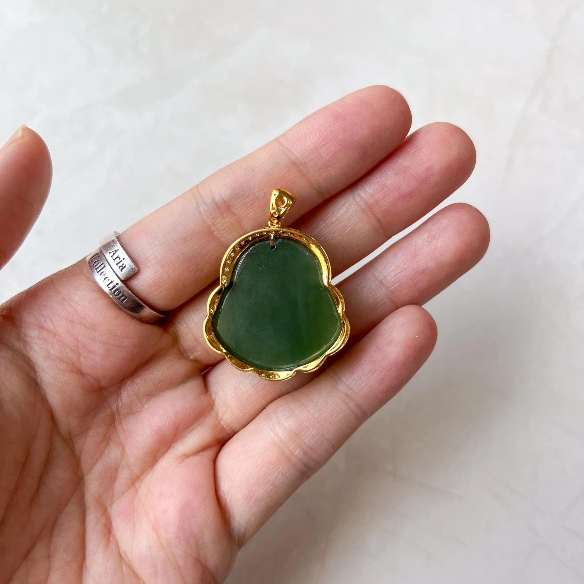 Green Happy Buddha Jade Pendant, Nephrite Jade with 18K Solid Gold and Diamonds, HST-0424-1725083179