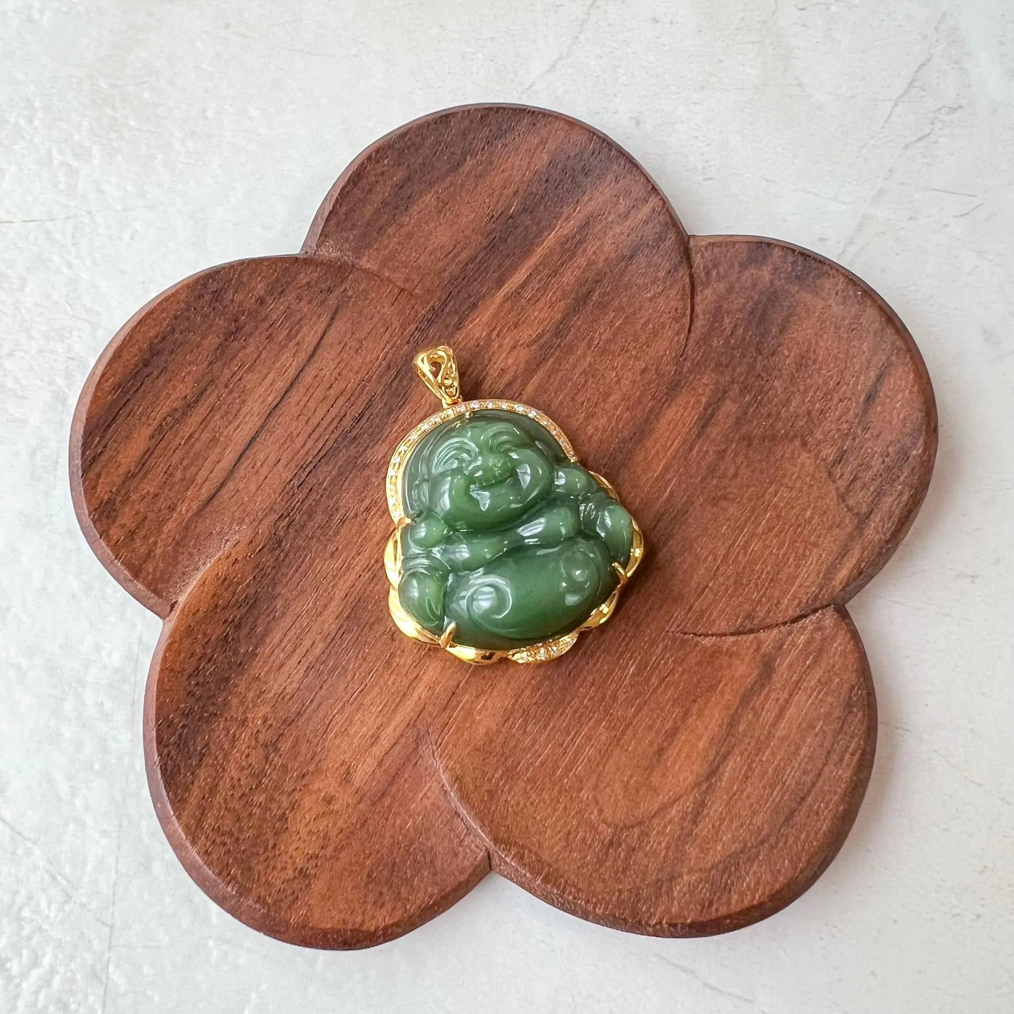Green Happy Buddha Jade Pendant, Nephrite Jade with 18K Solid Gold and Diamonds, HST-0424-1725083179
