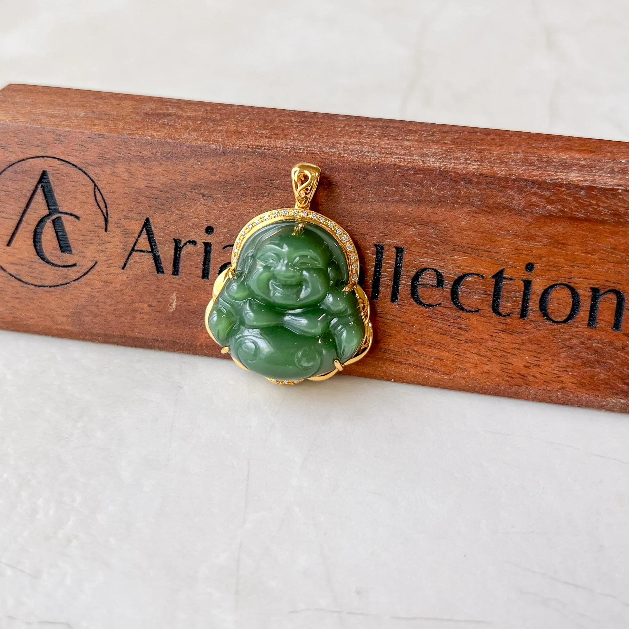 Green Happy Buddha Jade Pendant, Nephrite Jade with 18K Solid Gold and Diamonds, HST-0424-1725083179