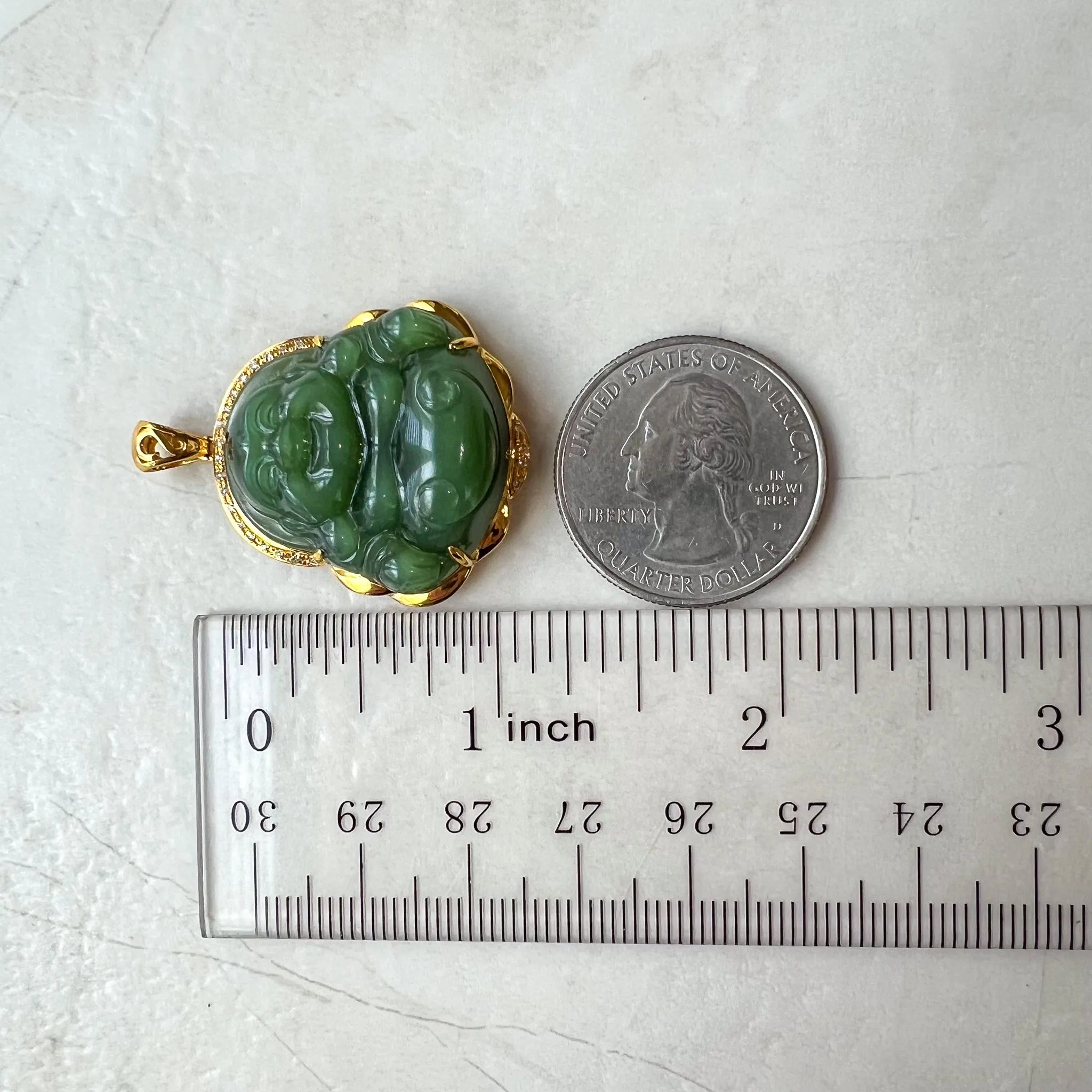Green Happy Buddha Jade Pendant, Nephrite Jade with 18K Solid Gold and Diamonds, HST-0424-1725083179