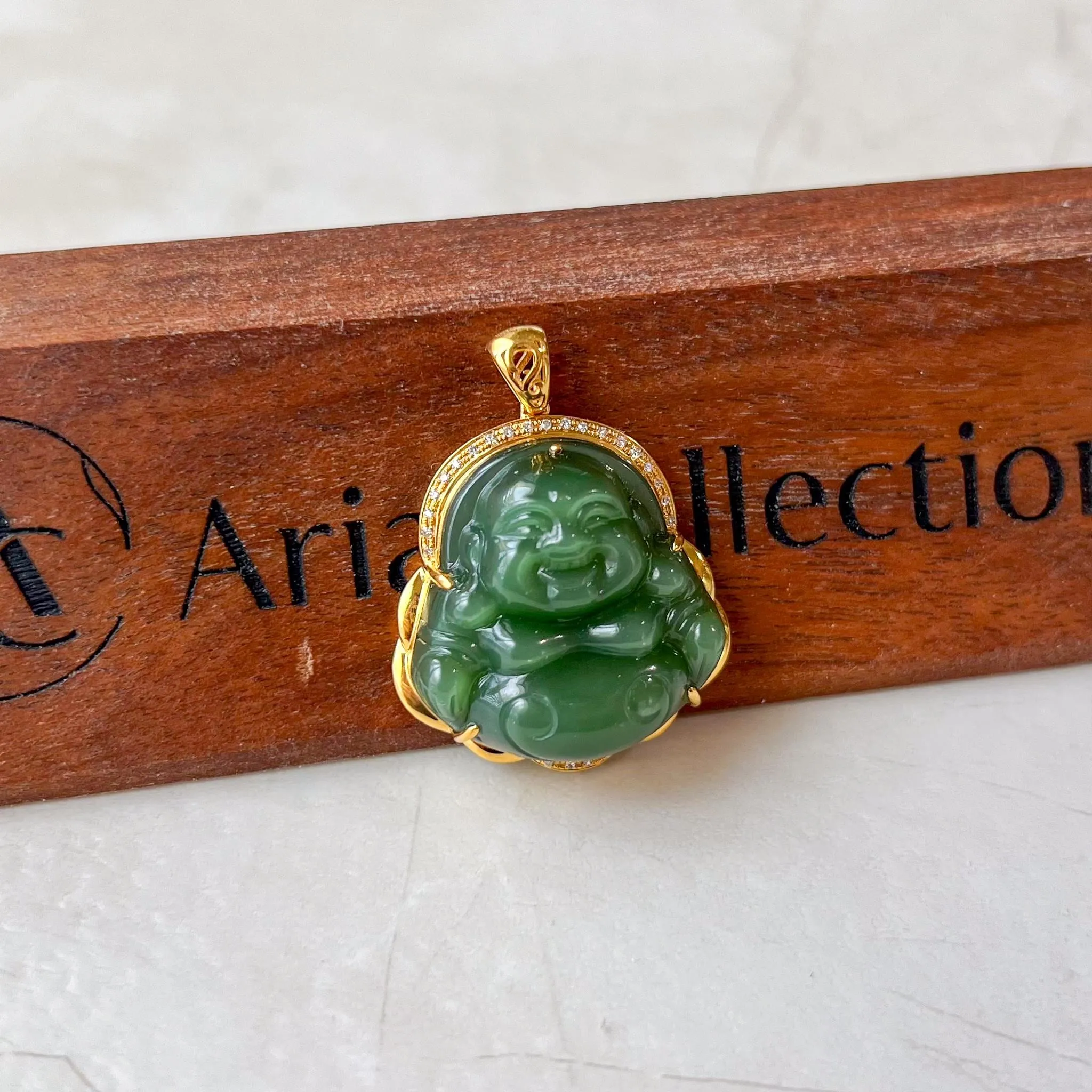 Green Happy Buddha Jade Pendant, Nephrite Jade with 18K Solid Gold and Diamonds, HST-0424-1725083179