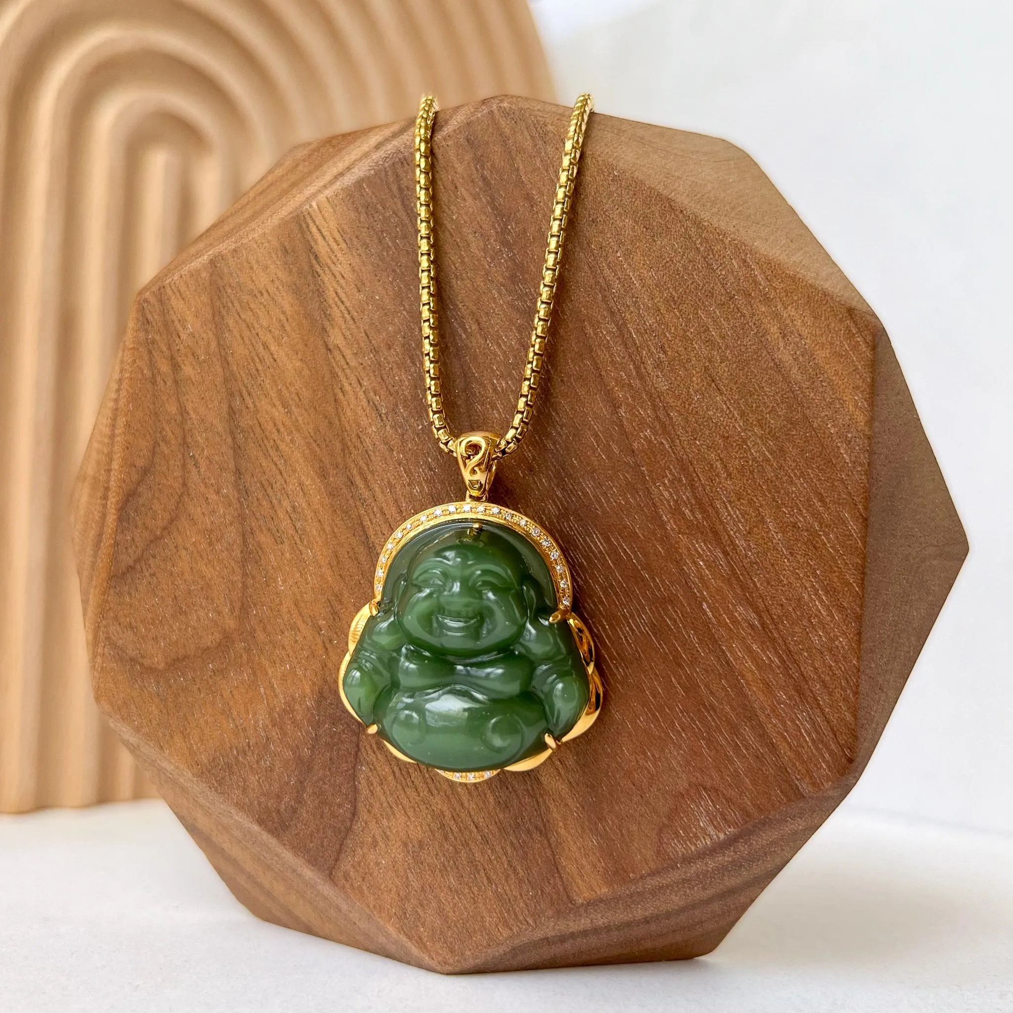 Green Happy Buddha Jade Pendant, Nephrite Jade with 18K Solid Gold and Diamonds, HST-0424-1725083179