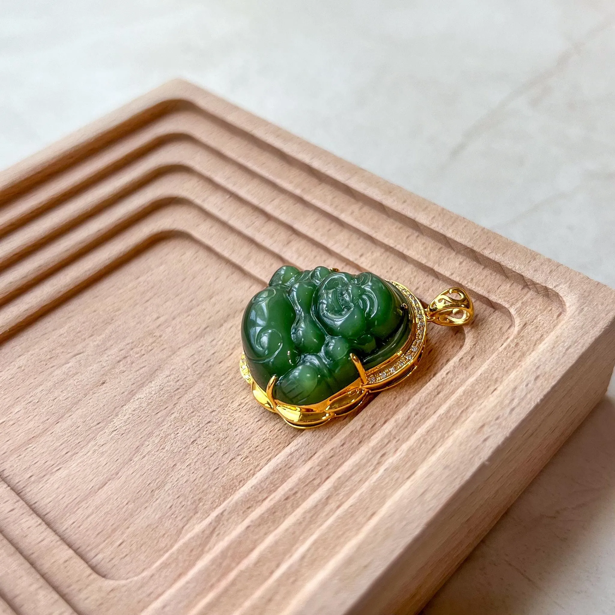 Green Happy Buddha Jade Pendant, Nephrite Jade with 18K Solid Gold and Diamonds, HST-0424-1725083179