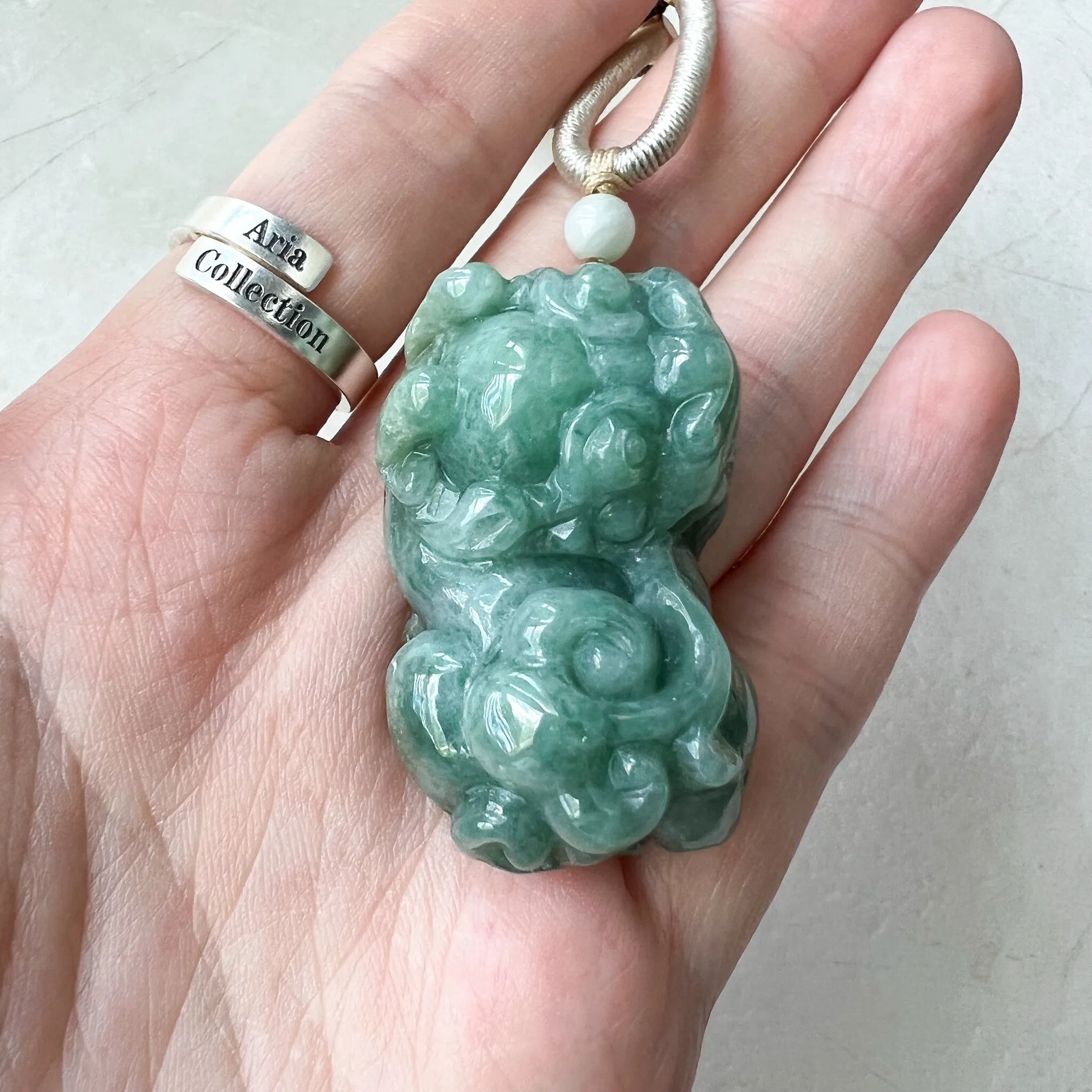 Green Jadeite Jade, Dragon Pixiu Pi Xiu, 貔貅, Dragon Chinese Carved Pendant, YJ-0322-0409131