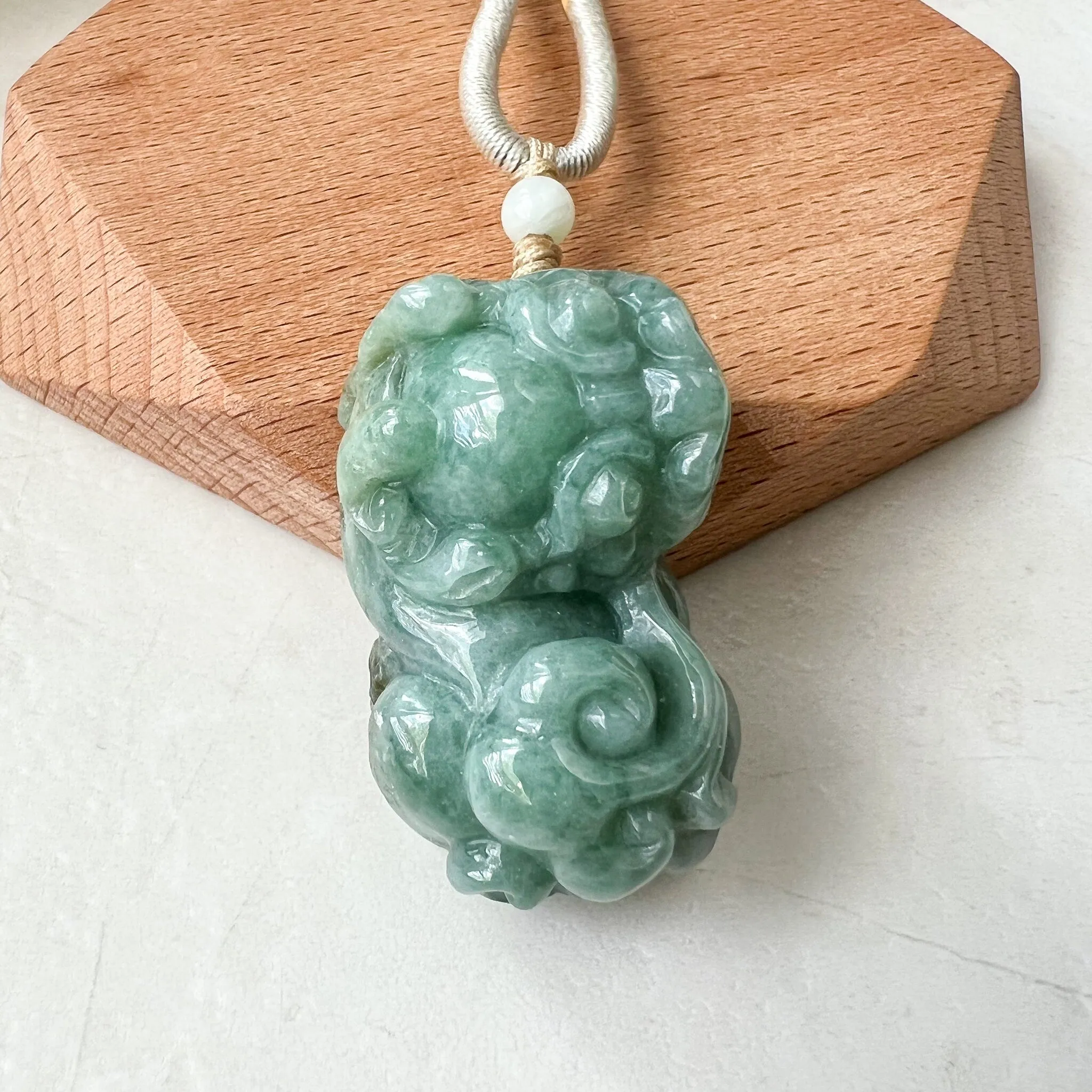 Green Jadeite Jade, Dragon Pixiu Pi Xiu, 貔貅, Dragon Chinese Carved Pendant, YJ-0322-0409131