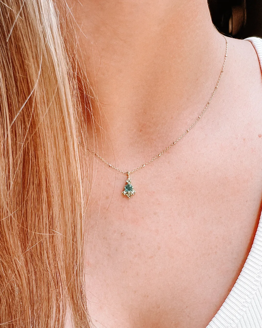 Green Sapphire and Antique Cut Champagne Diamonds Necklace