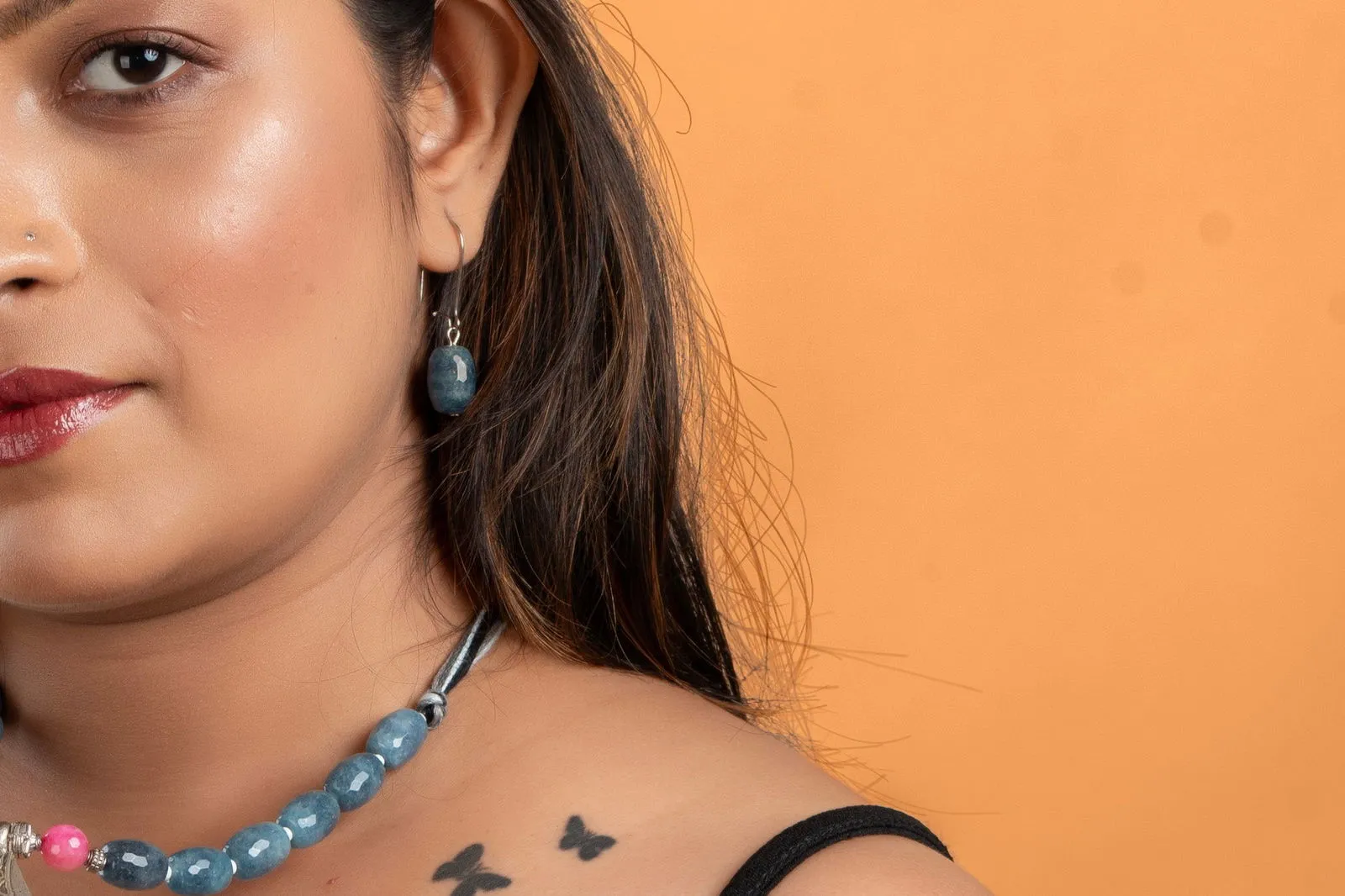Handmade Jewelry With Pink Powder Blue Jade Stones & German Silver Ghunghroo Pendant Necklace Set with Earrings