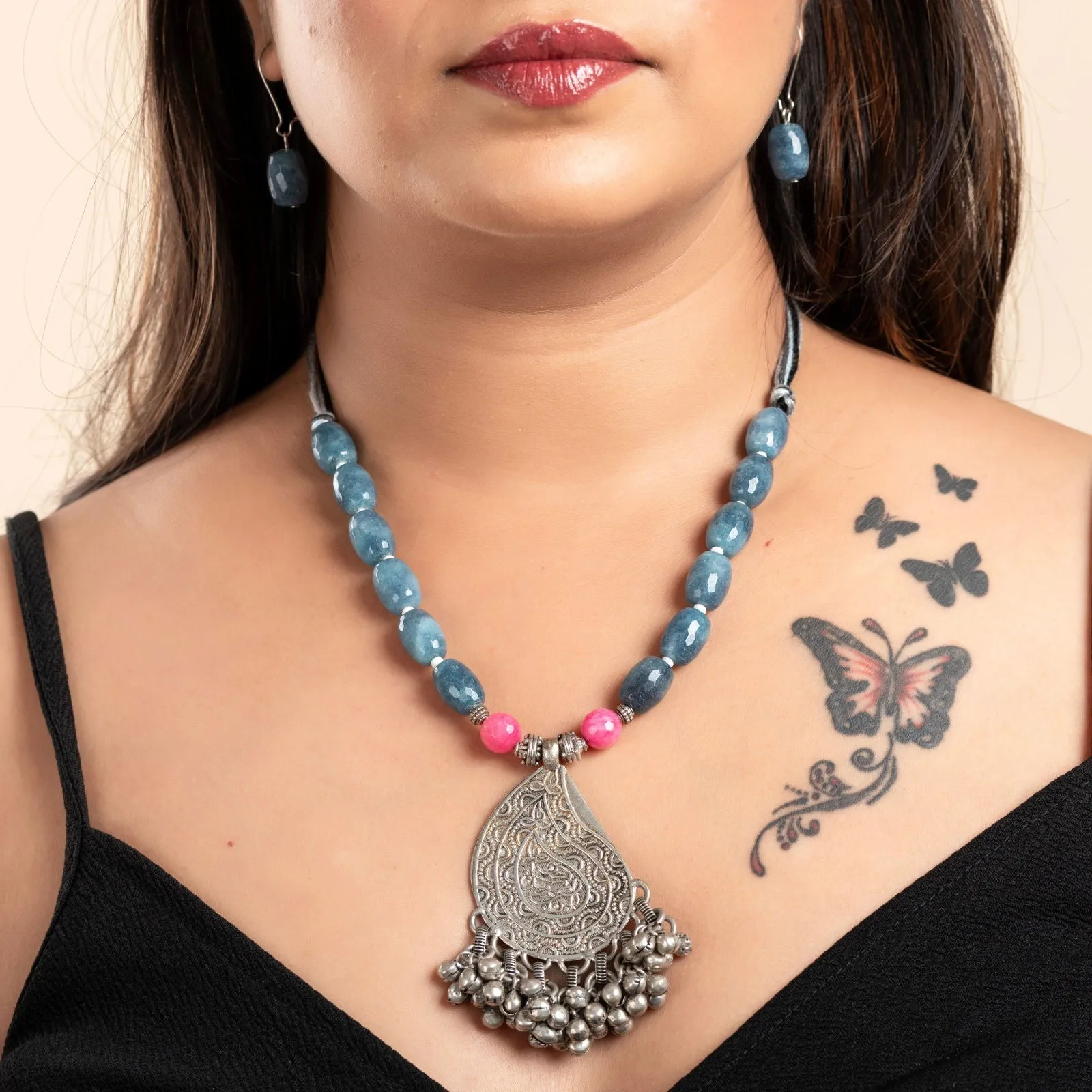 Handmade Jewelry With Pink Powder Blue Jade Stones & German Silver Ghunghroo Pendant Necklace Set with Earrings