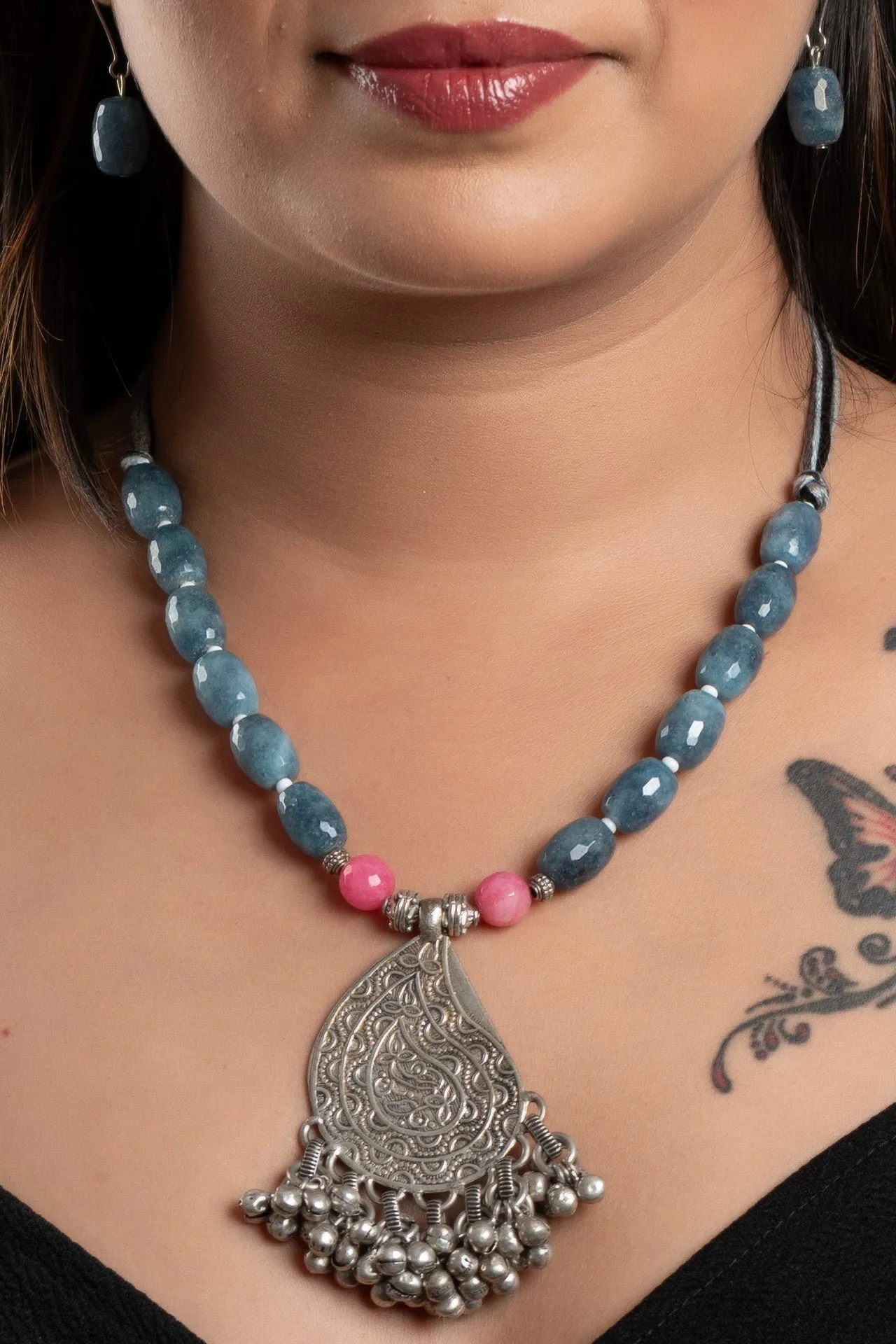 Handmade Jewelry With Pink Powder Blue Jade Stones & German Silver Ghunghroo Pendant Necklace Set with Earrings