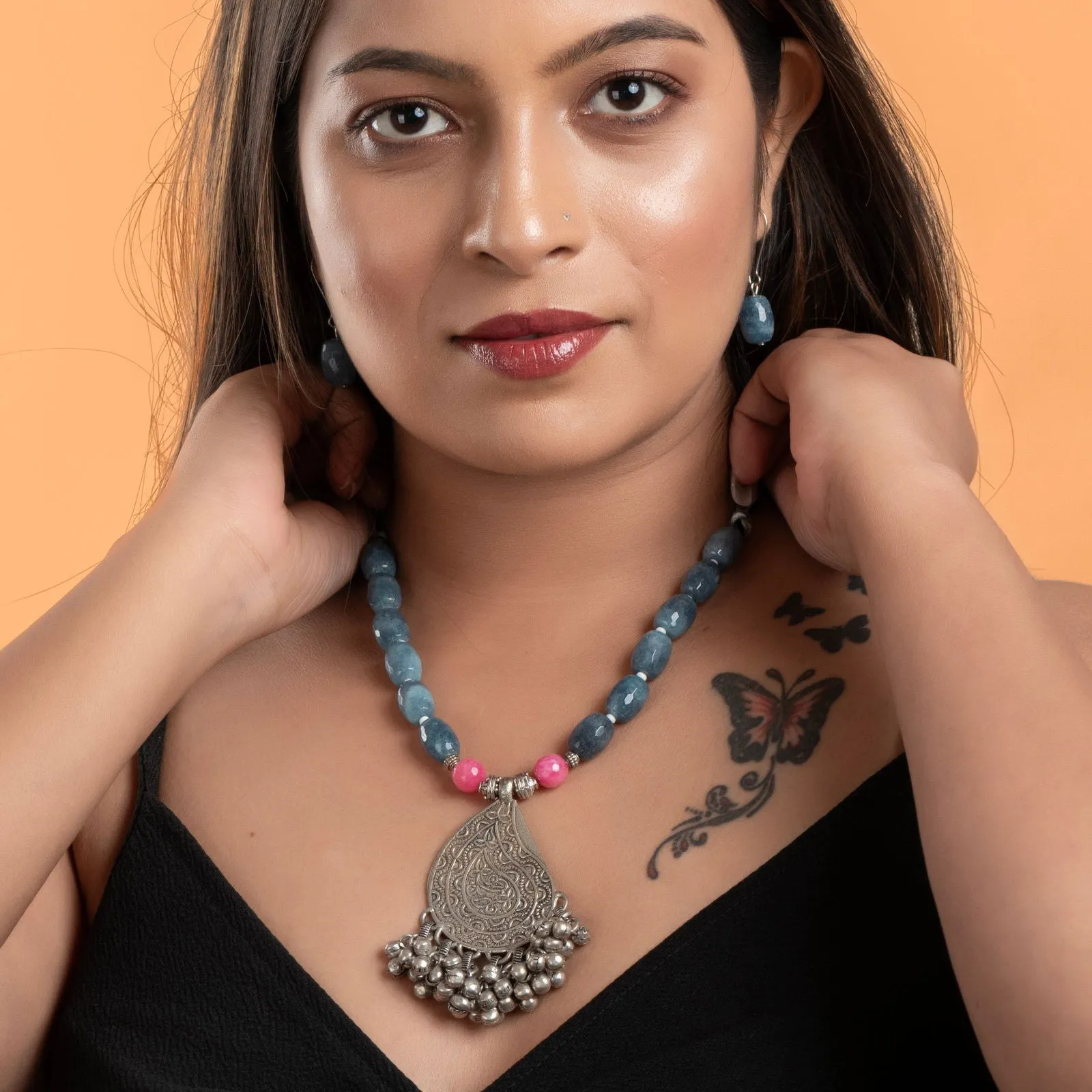 Handmade Jewelry With Pink Powder Blue Jade Stones & German Silver Ghunghroo Pendant Necklace Set with Earrings