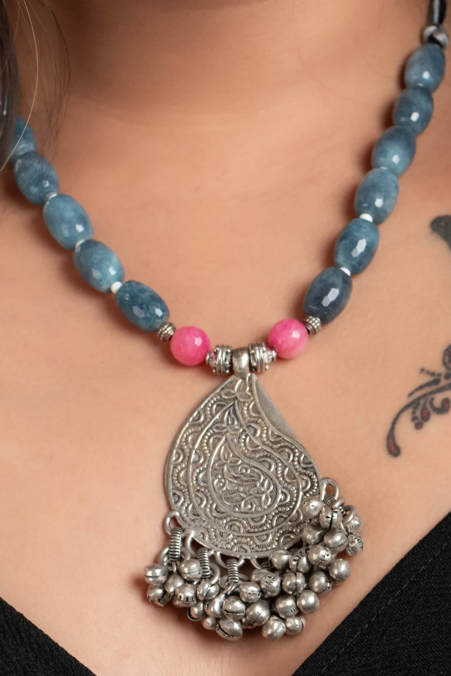 Handmade Jewelry With Pink Powder Blue Jade Stones & German Silver Ghunghroo Pendant Necklace Set with Earrings