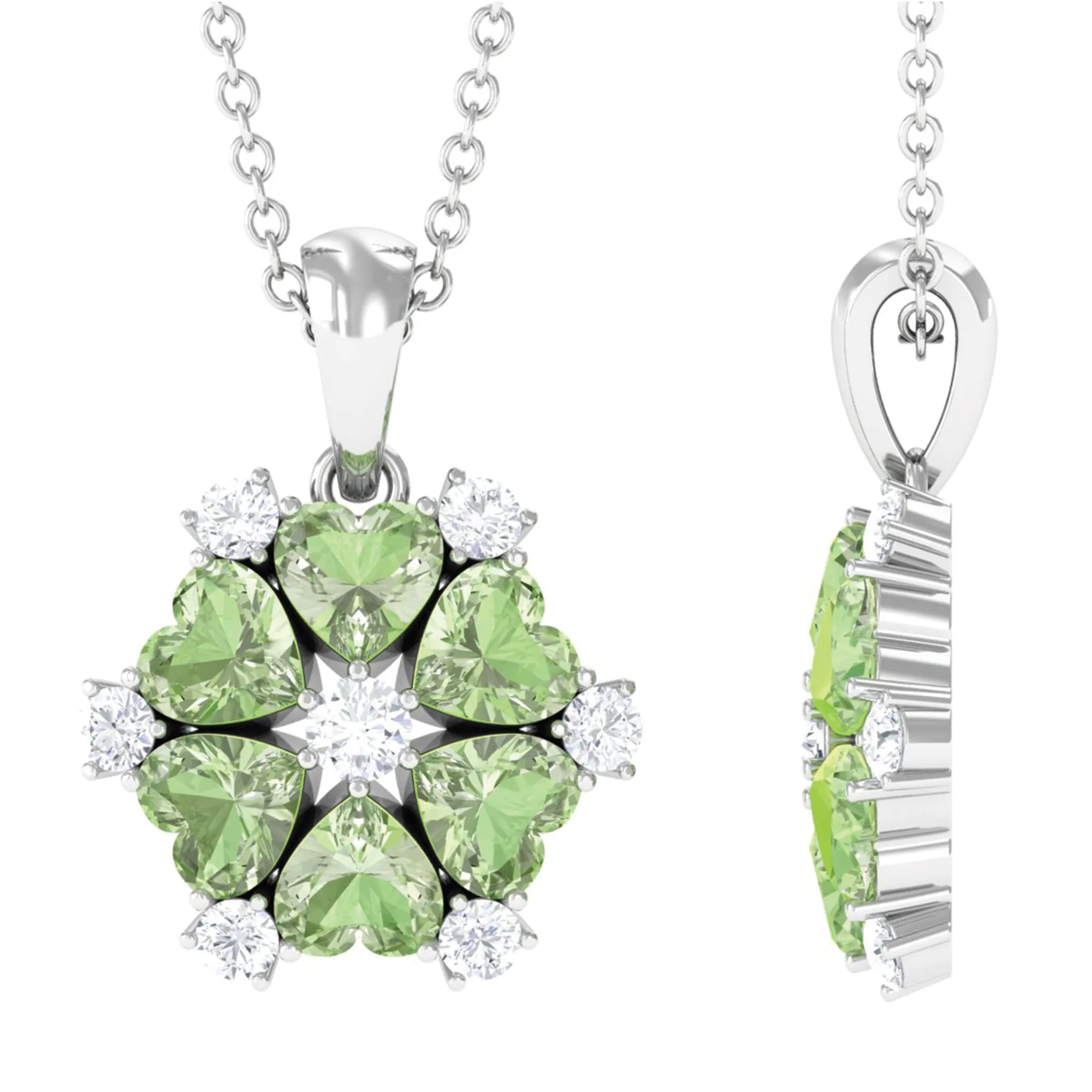 Heart Shape Green Sapphire and Diamond Flower Pendant