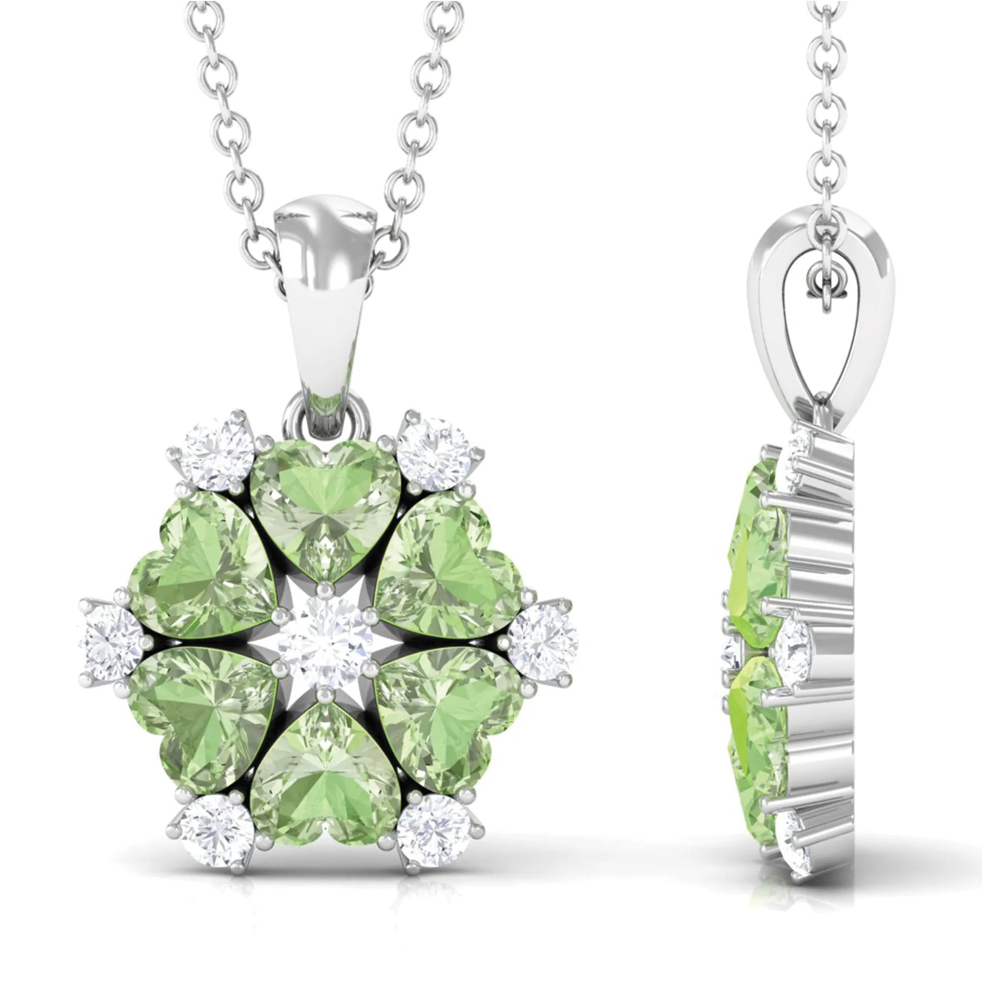 Heart Shape Green Sapphire and Diamond Flower Pendant