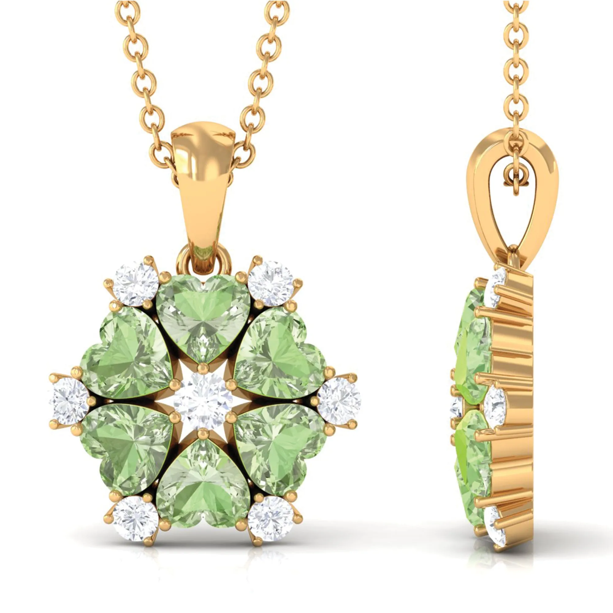 Heart Shape Green Sapphire and Diamond Flower Pendant