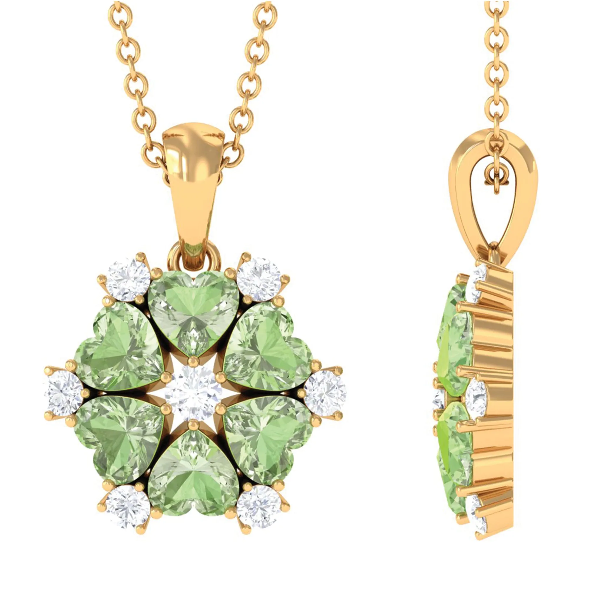 Heart Shape Green Sapphire and Diamond Flower Pendant