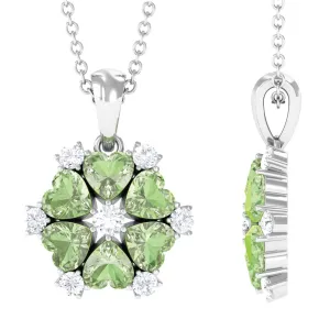 Heart Shape Green Sapphire and Diamond Flower Pendant