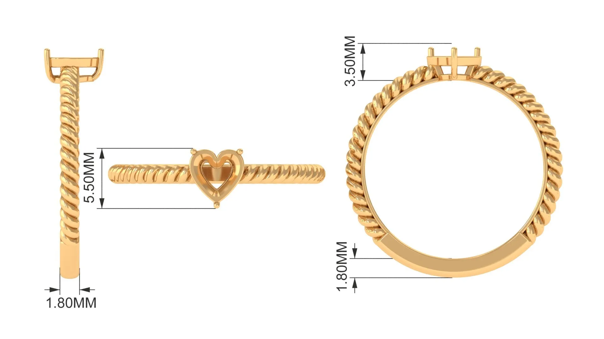 Heart Shape Lab Grown Diamond Solitaire Ring in Rope Shank