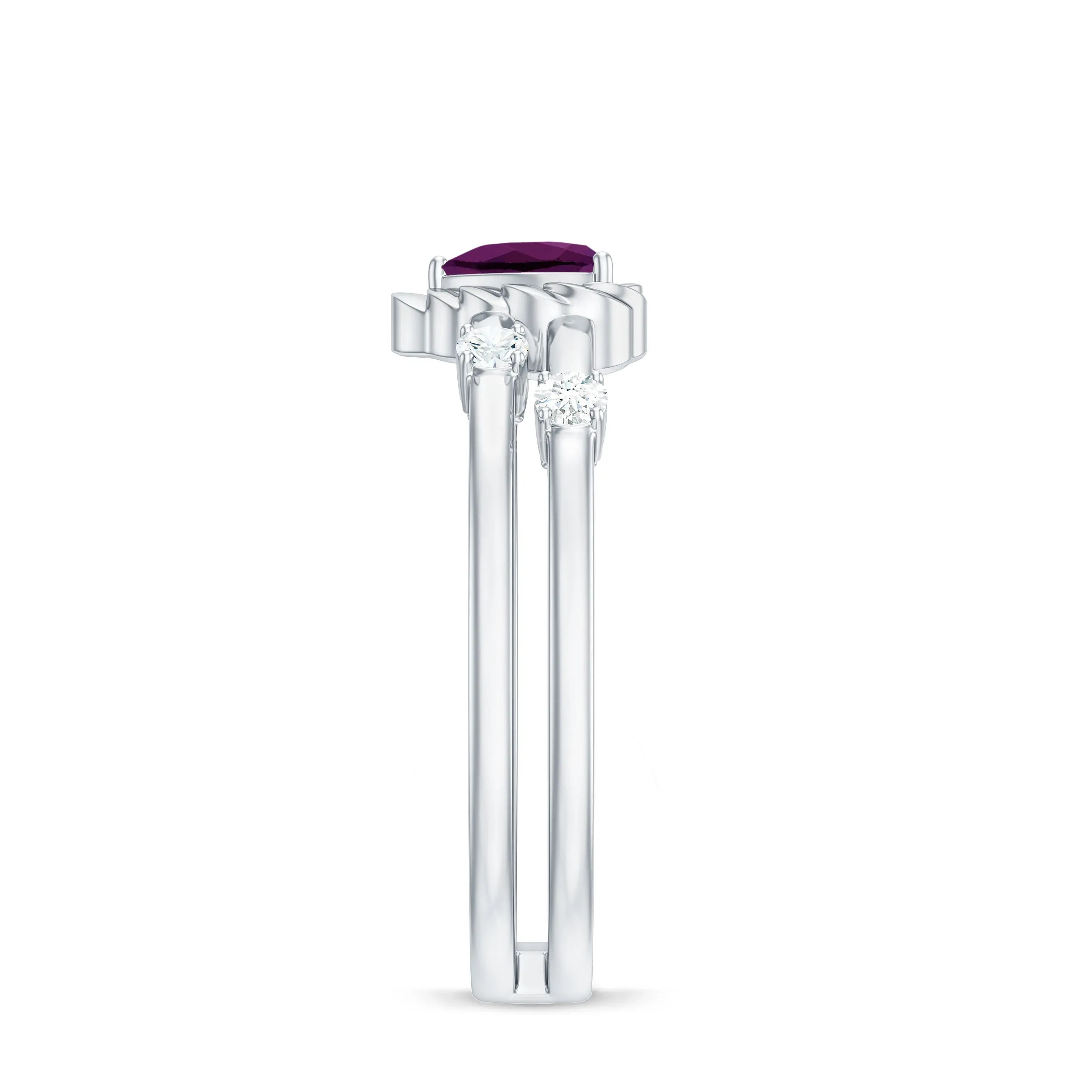 Heart Shape Rhodolite Solitaire Double Band Ring with Diamond
