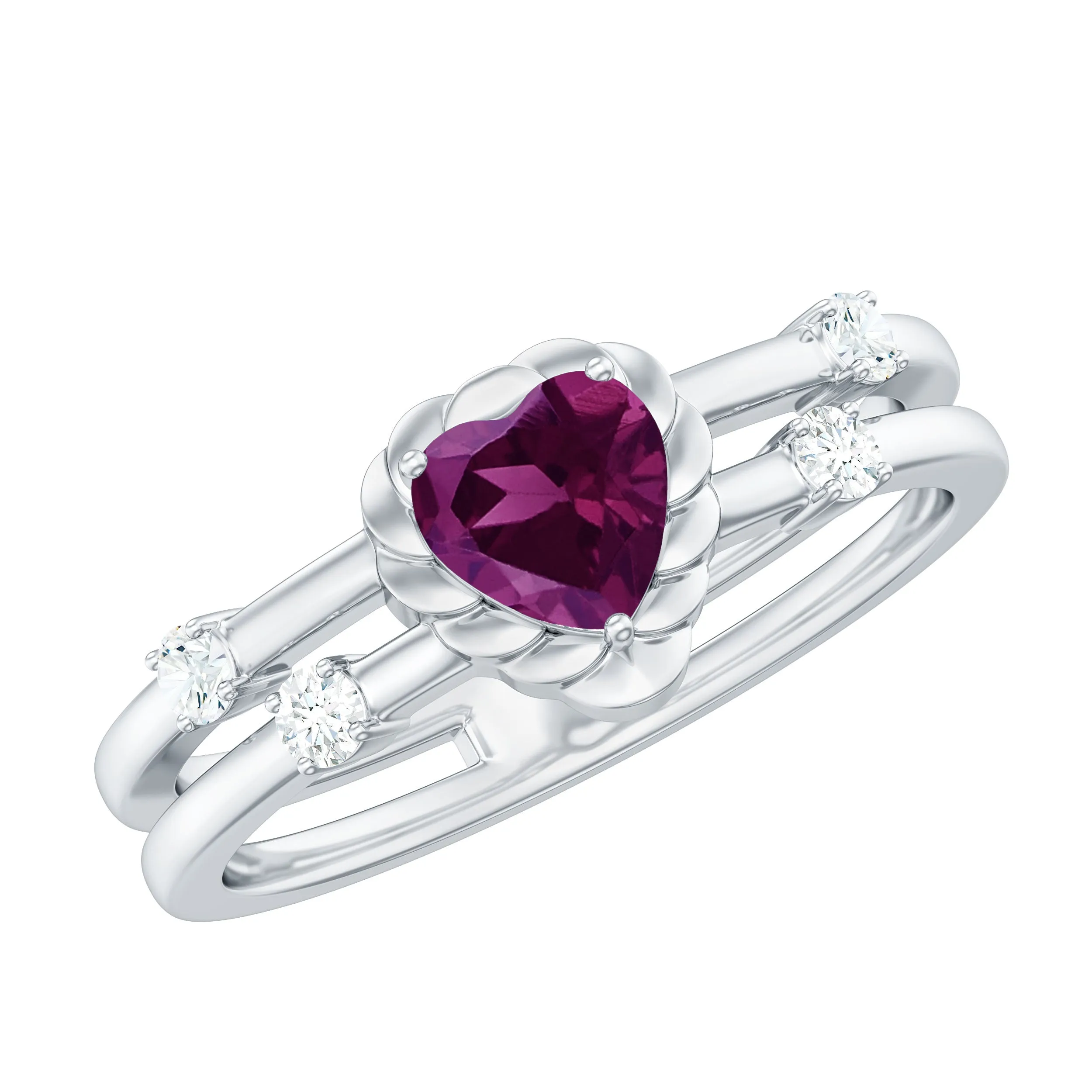 Heart Shape Rhodolite Solitaire Double Band Ring with Diamond