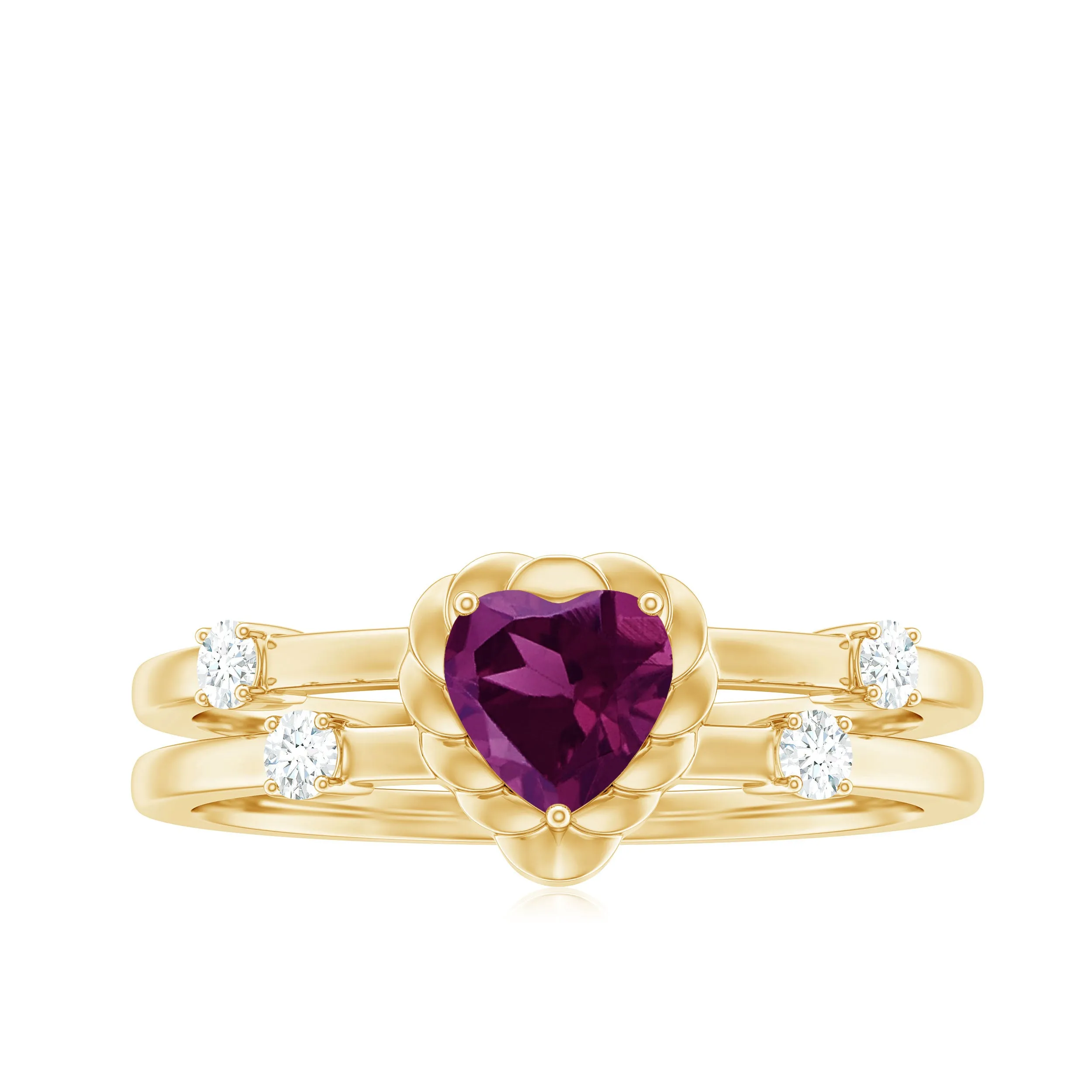 Heart Shape Rhodolite Solitaire Double Band Ring with Diamond