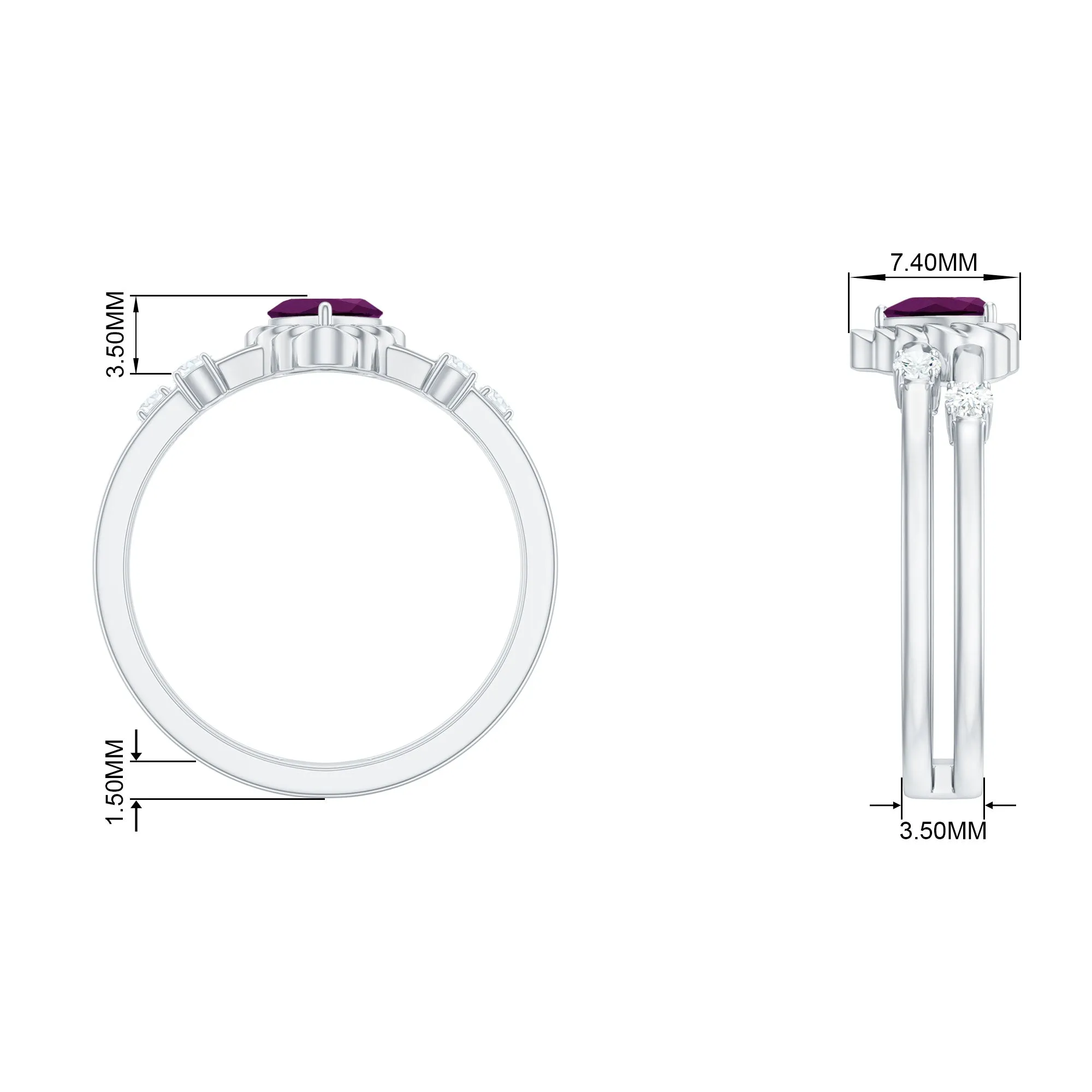 Heart Shape Rhodolite Solitaire Double Band Ring with Diamond