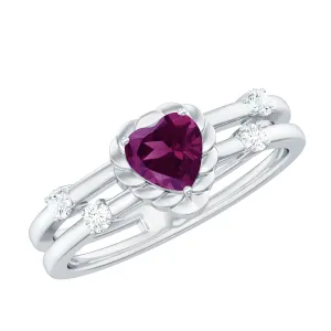 Heart Shape Rhodolite Solitaire Double Band Ring with Diamond