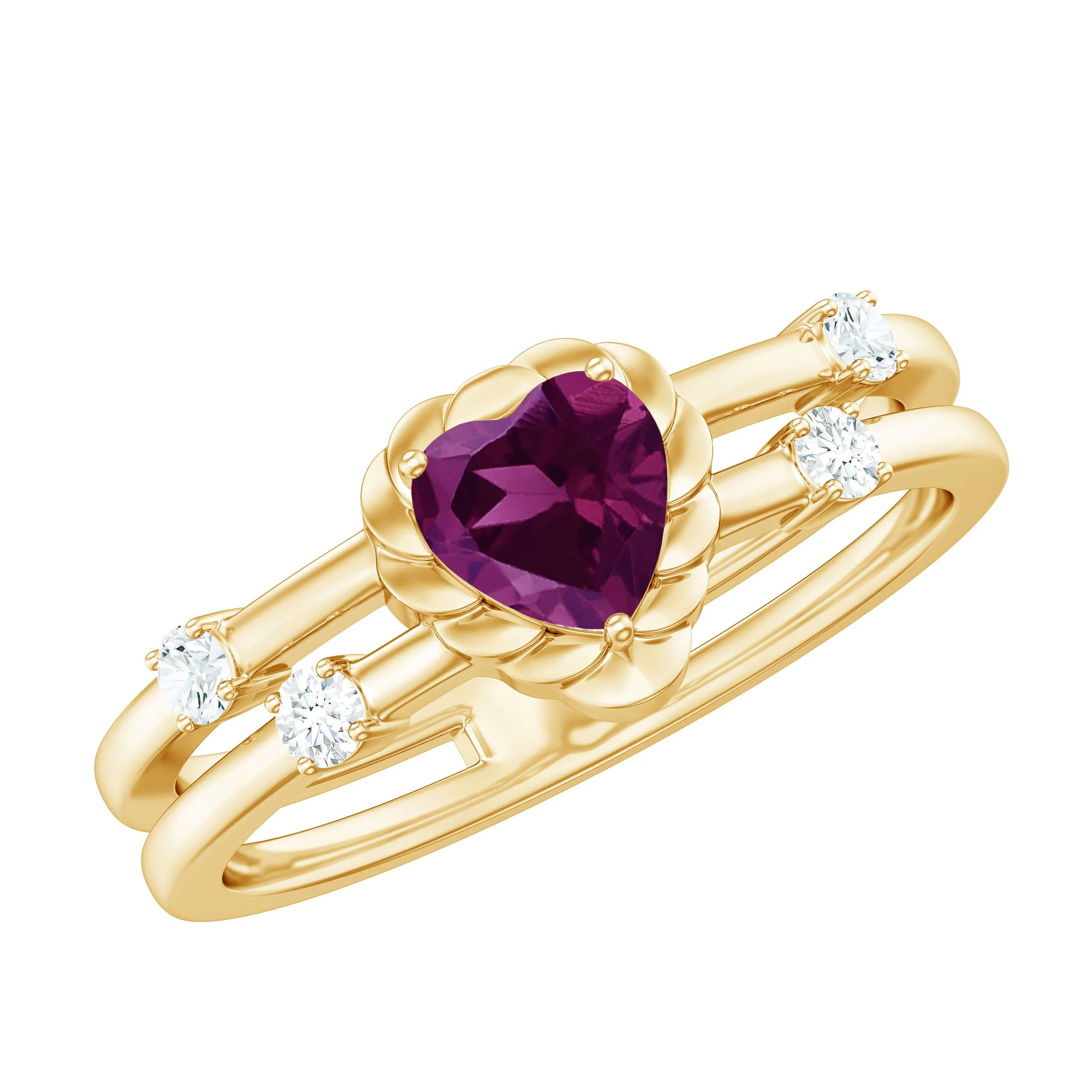 Heart Shape Rhodolite Solitaire Double Band Ring with Diamond