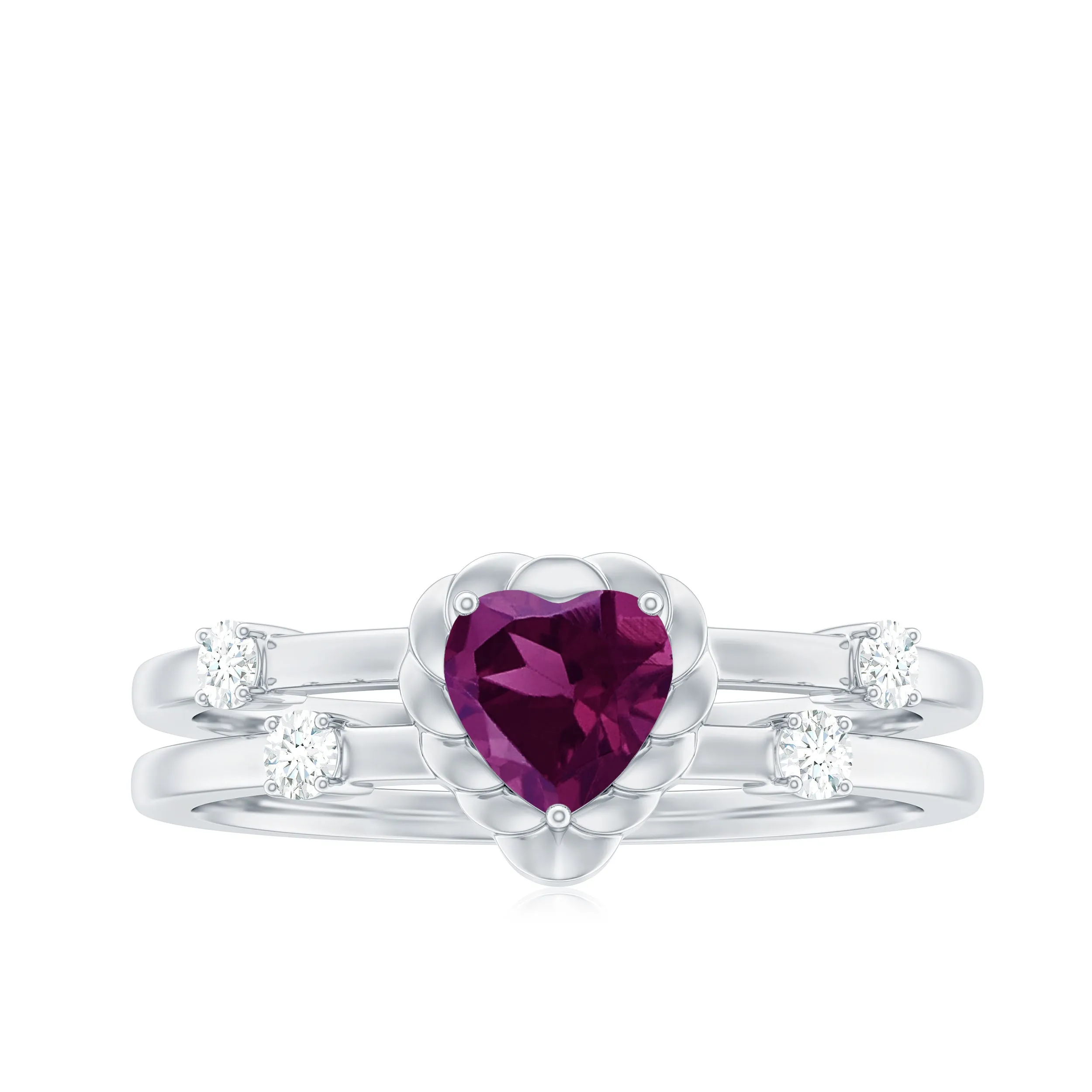 Heart Shape Rhodolite Solitaire Double Band Ring with Diamond