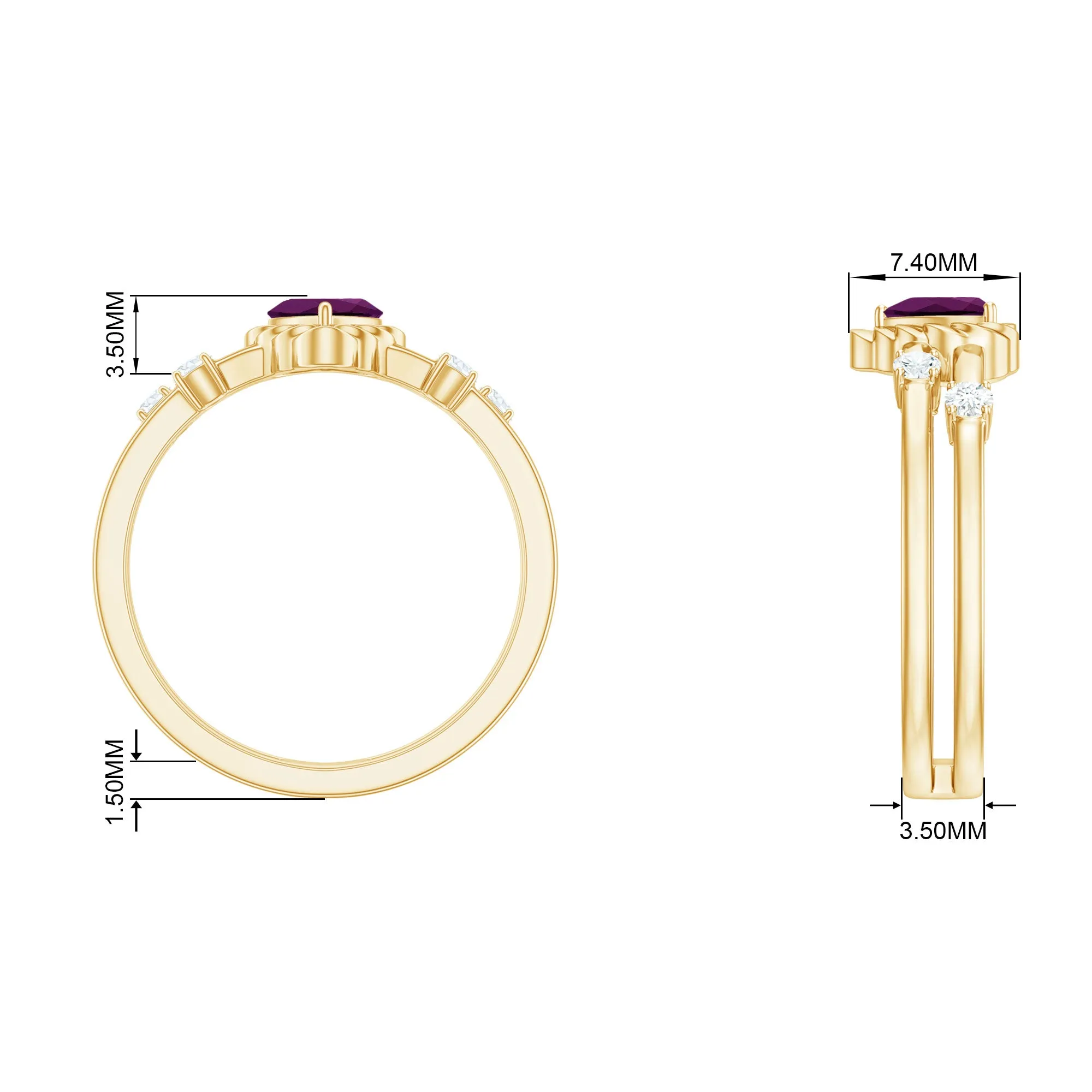 Heart Shape Rhodolite Solitaire Double Band Ring with Diamond