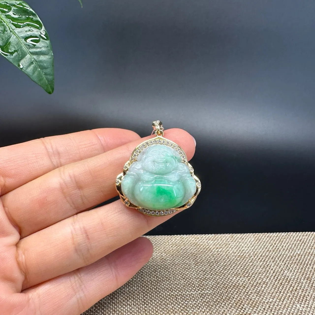 High-end 18K Yellow Gold Burmese White Green Jadeite Jade Happy Buddha Pendant with Diamond