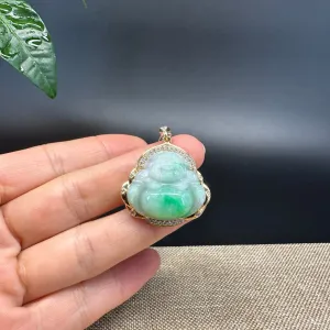 High-end 18K Yellow Gold Burmese White Green Jadeite Jade Happy Buddha Pendant with Diamond