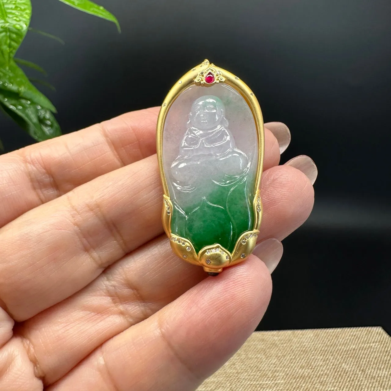 High-end 18K Yellow Gold  Burmese White Green Jadeite Jade Tongzi Pendant with Diamond