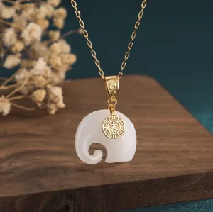 Jade Elephant Pendant Necklace Charm 18K Gold Plated Chain Retro Dainty Gemstone