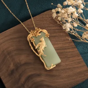 Jade Pendant Necklace Charm 18K Gold Plated Chain Phoenix Bird Dainty Gemstone