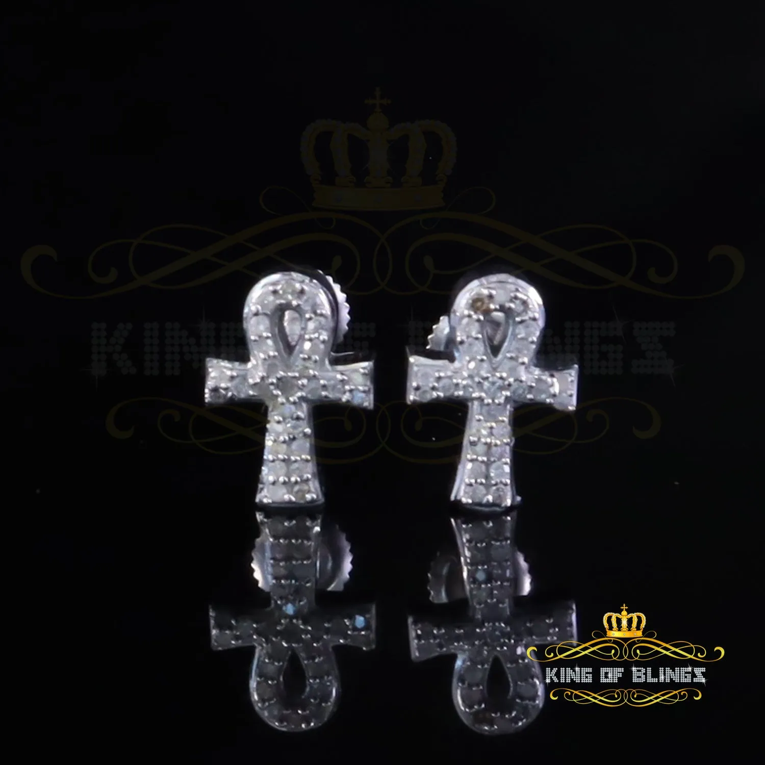 King Of Bling's New 0.25ct Diamond 925 Sterling Silver White for Men's & Women Stud ANKH Earring