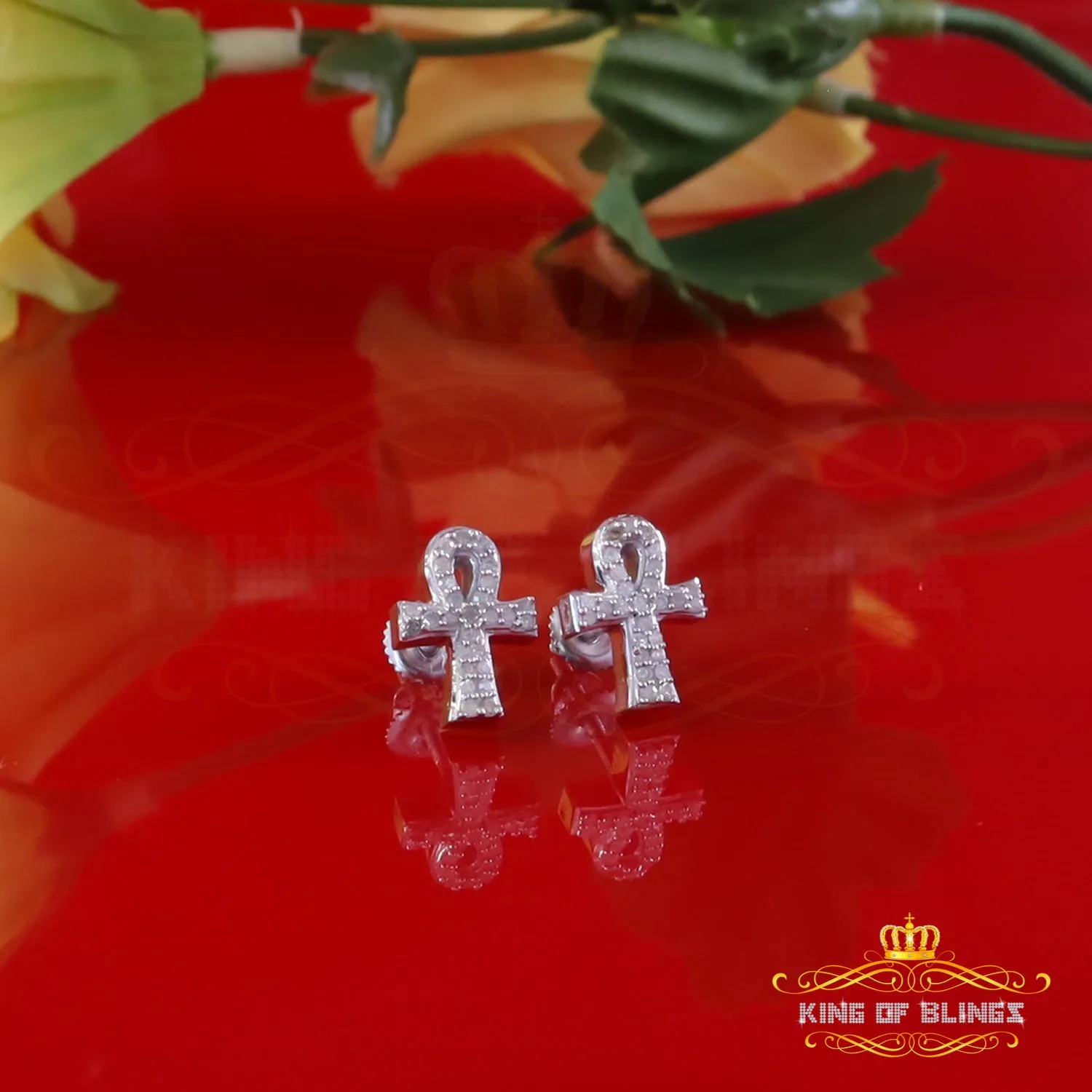 King Of Bling's New 0.25ct Diamond 925 Sterling Silver White for Men's & Women Stud ANKH Earring