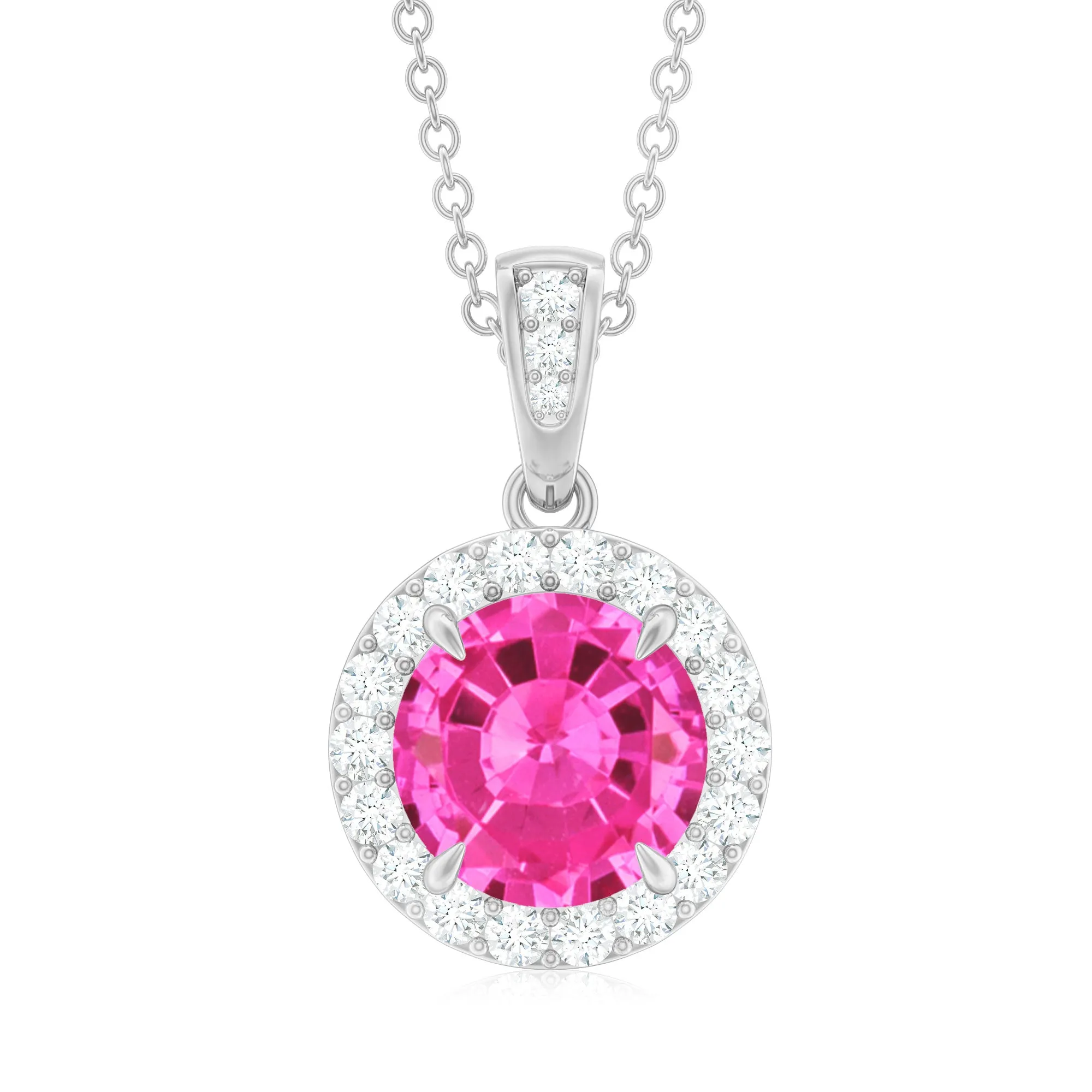 Lab-Created Pink Sapphire Halo Pendant with Diamond