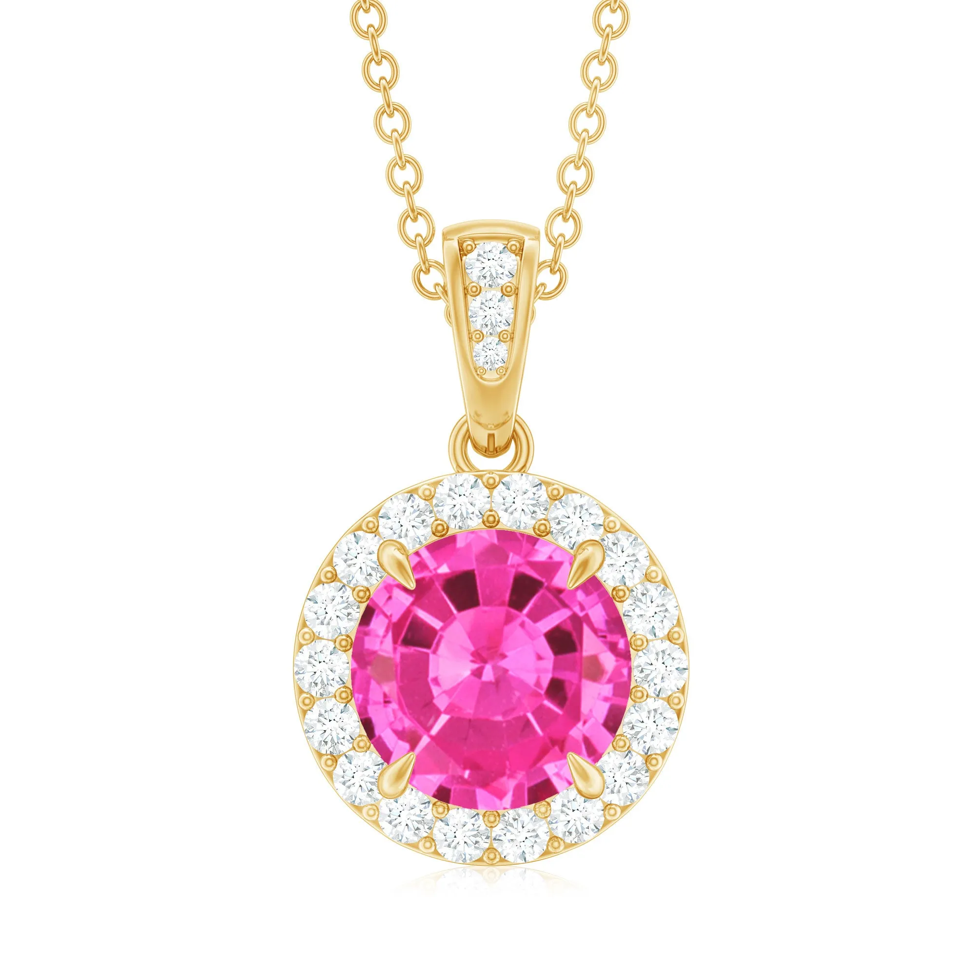 Lab-Created Pink Sapphire Halo Pendant with Diamond