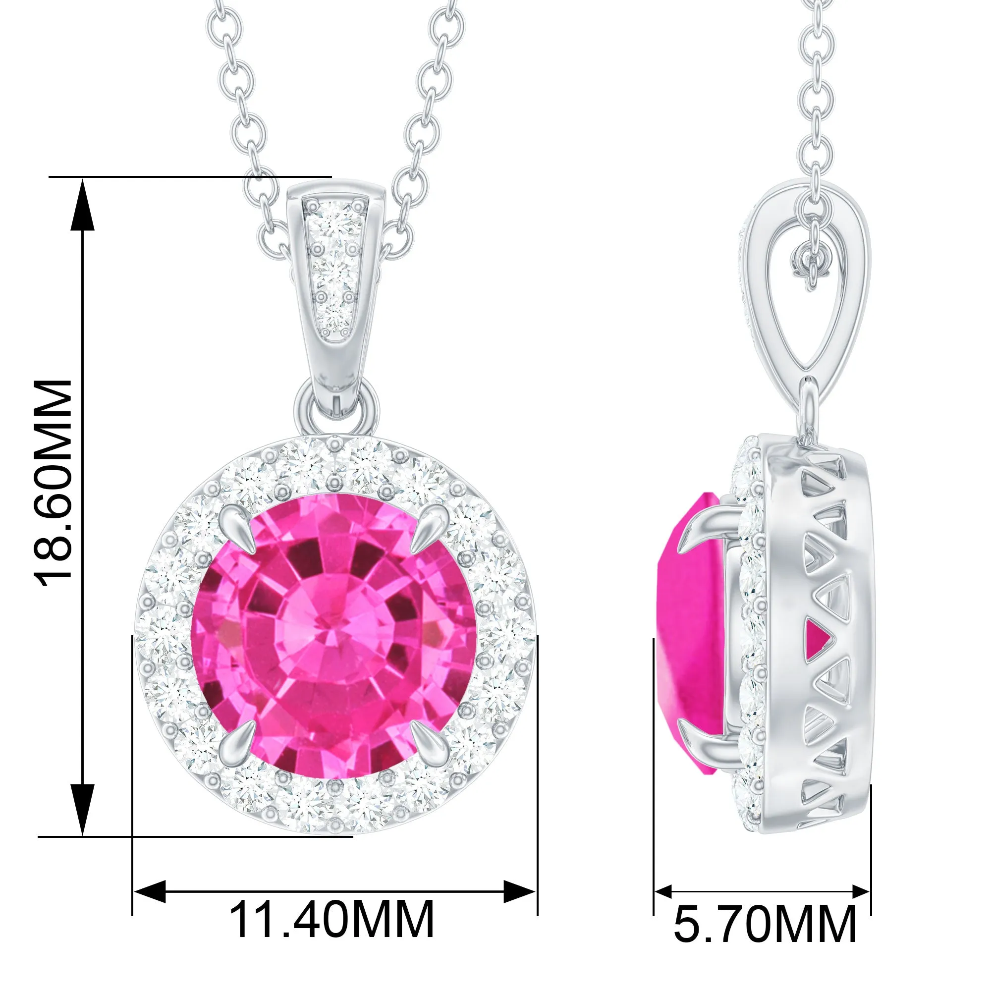 Lab-Created Pink Sapphire Halo Pendant with Diamond