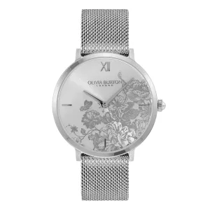 Ladies 35mm Floral Blooms Ultra Slim Silver Mesh Watch (24000115).