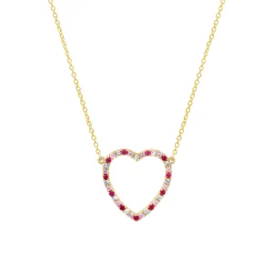 Large Diamond, Pink Sapphire and Ruby Open Heart Necklace