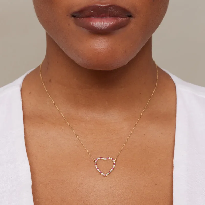 Large Diamond, Pink Sapphire and Ruby Open Heart Necklace