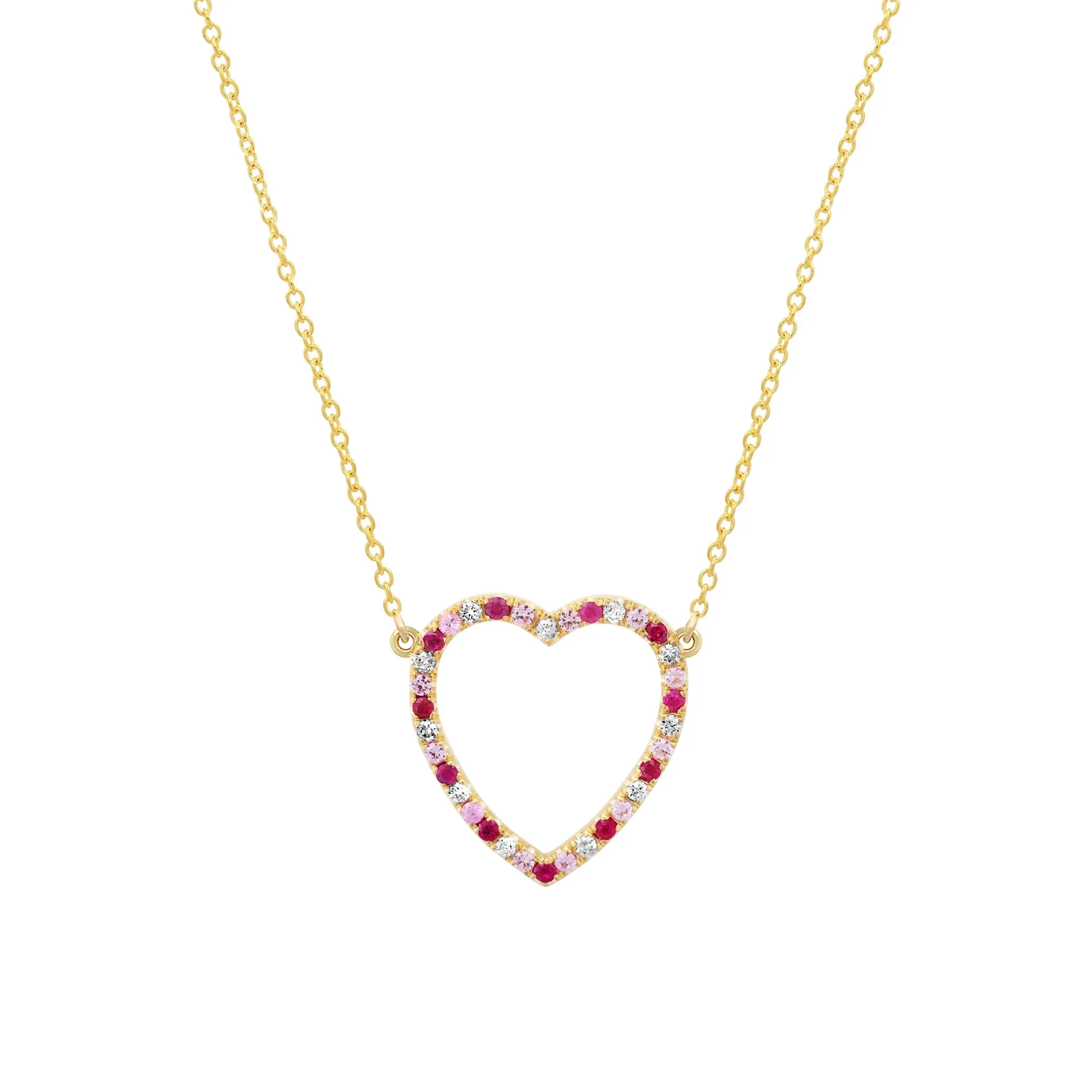 Large Diamond, Pink Sapphire and Ruby Open Heart Necklace