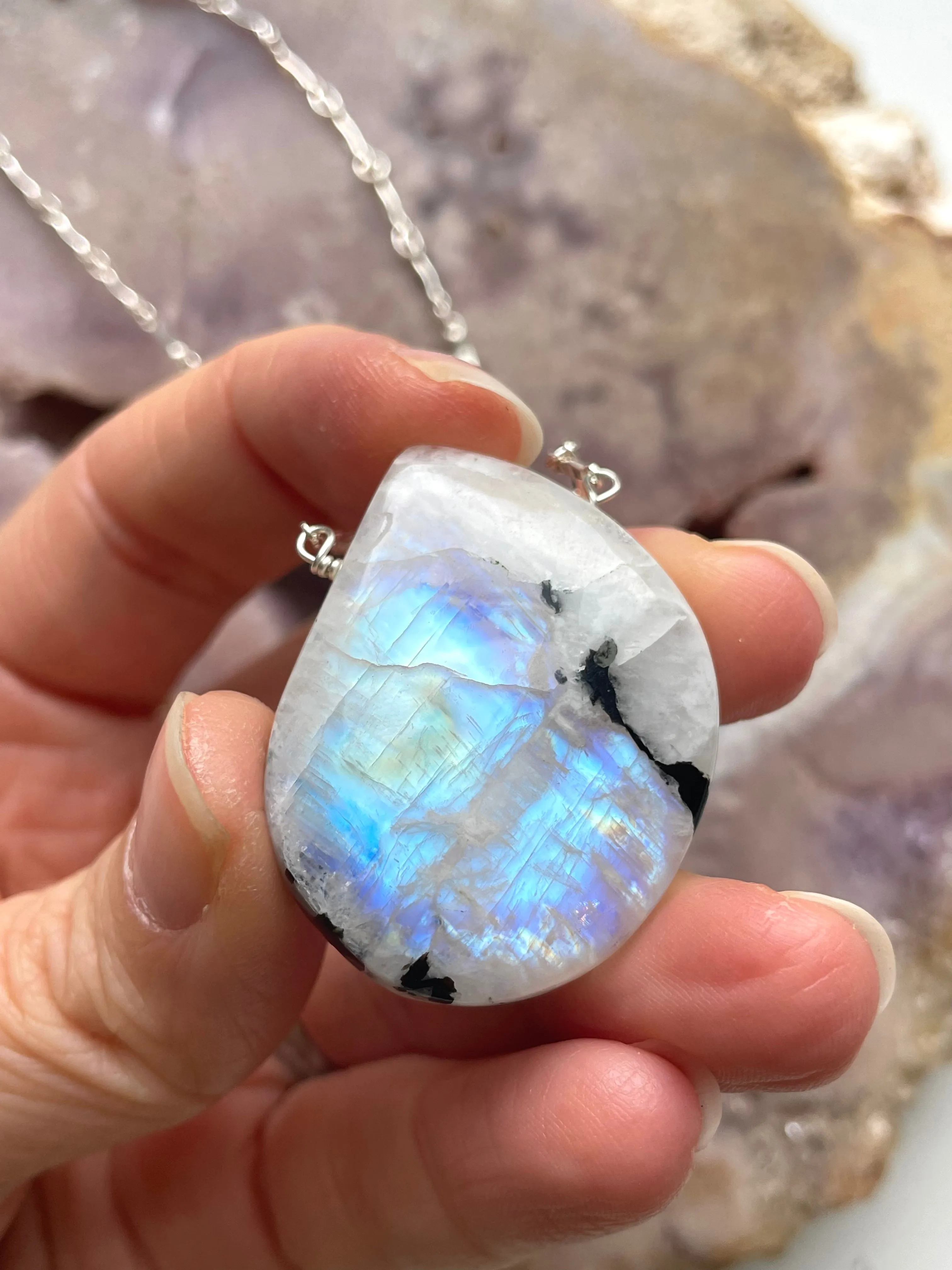 Large Moonstone Pendant Necklace Sterling Silver