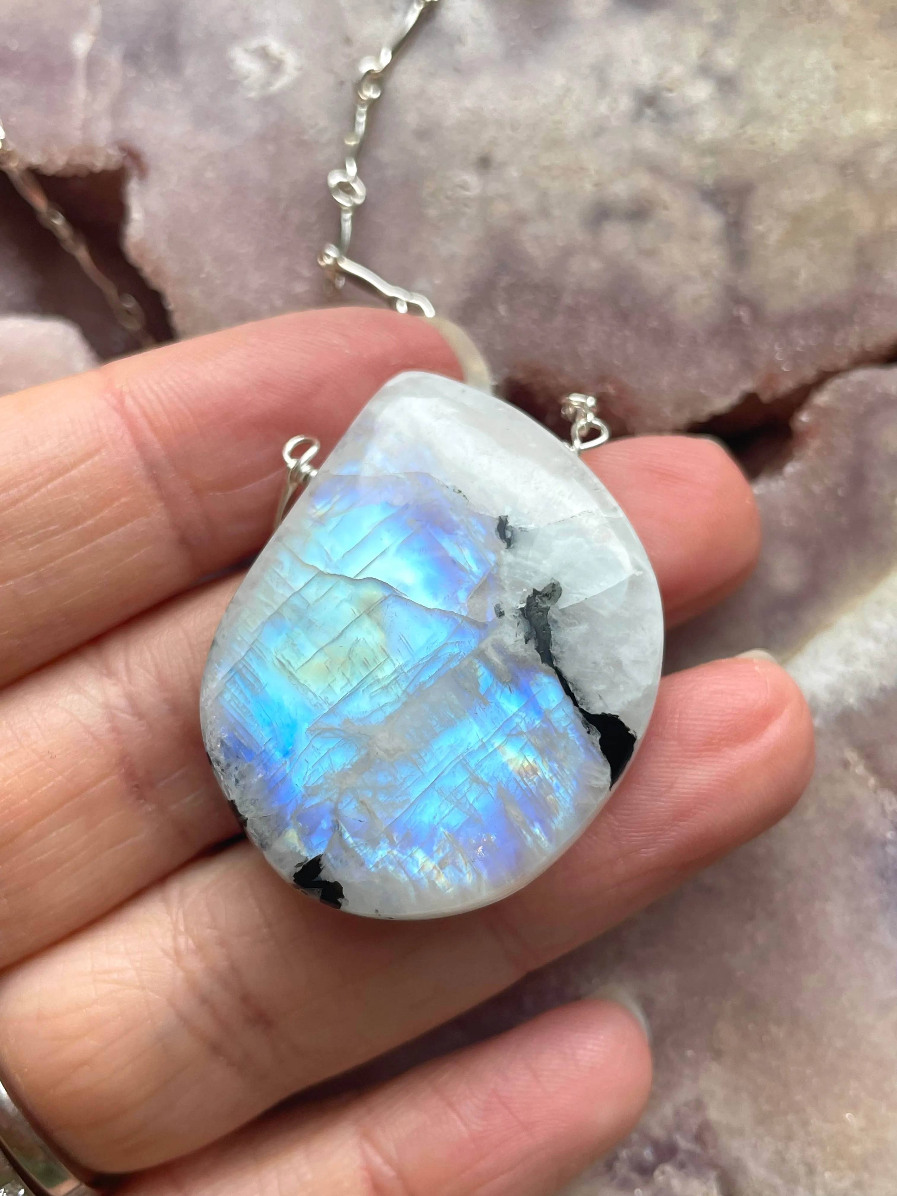 Large Moonstone Pendant Necklace Sterling Silver