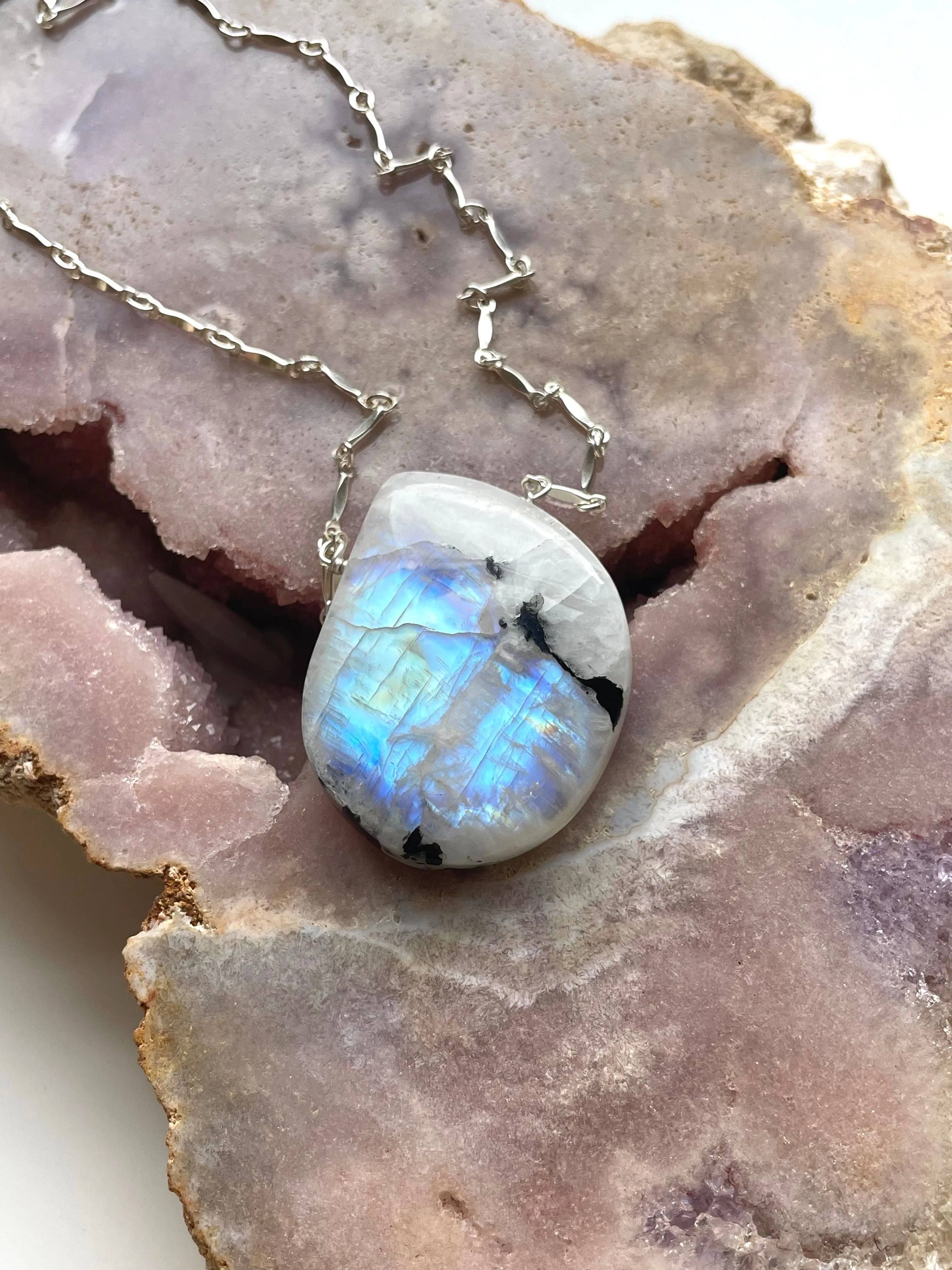 Large Moonstone Pendant Necklace Sterling Silver