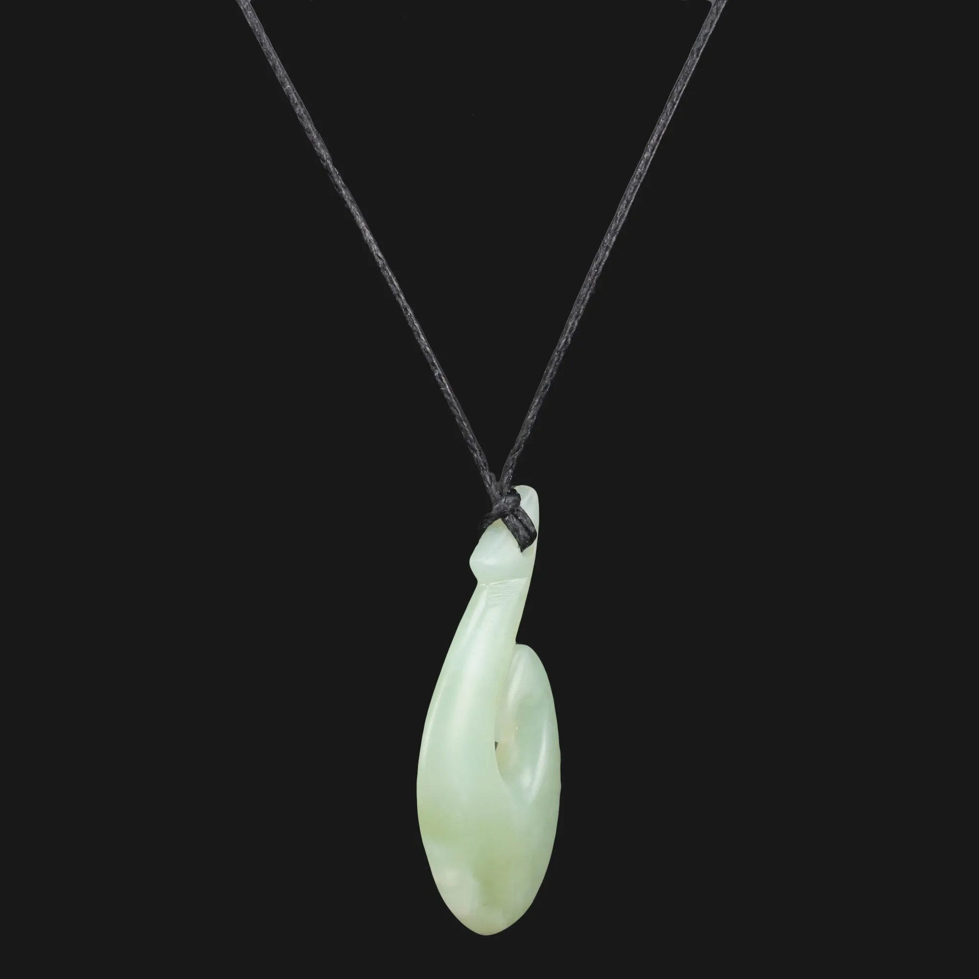 Maori inspired Light Green Jade Fishhook Pendant Necklace - Hand Carved Unique Design with Adjustable Wax Cord - Elegant Women's Jewelry