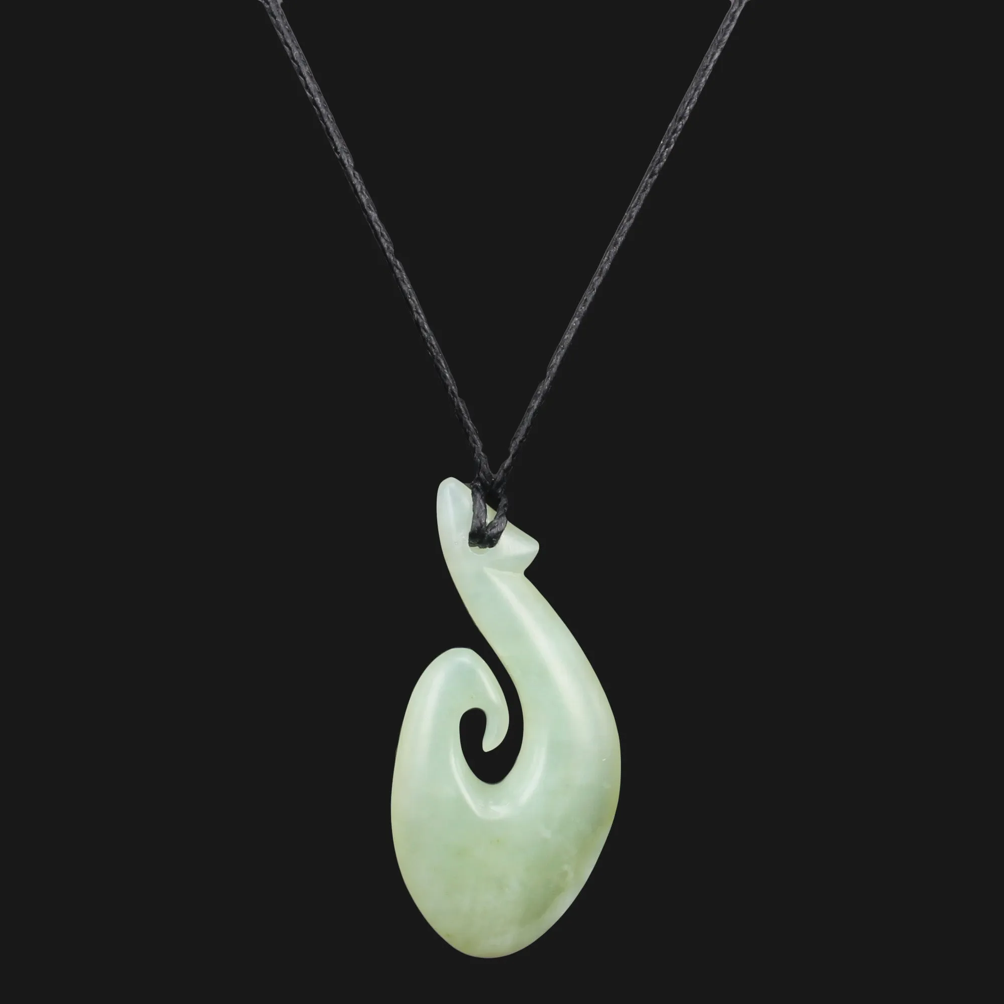 Maori inspired Light Green Jade Fishhook Pendant Necklace - Hand Carved Unique Design with Adjustable Wax Cord - Elegant Women's Jewelry